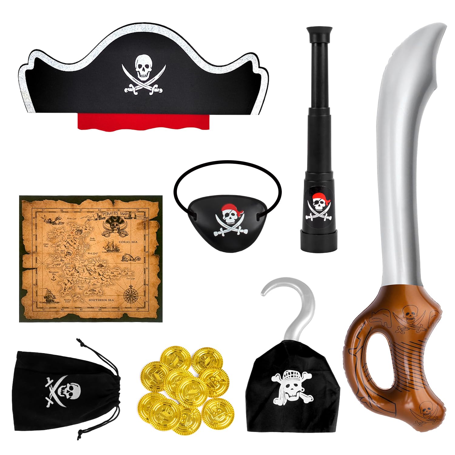Kids Pirate Accessories - 17PC Set with Eye Patch, Telescope & More for Halloween & Fancy Dress
