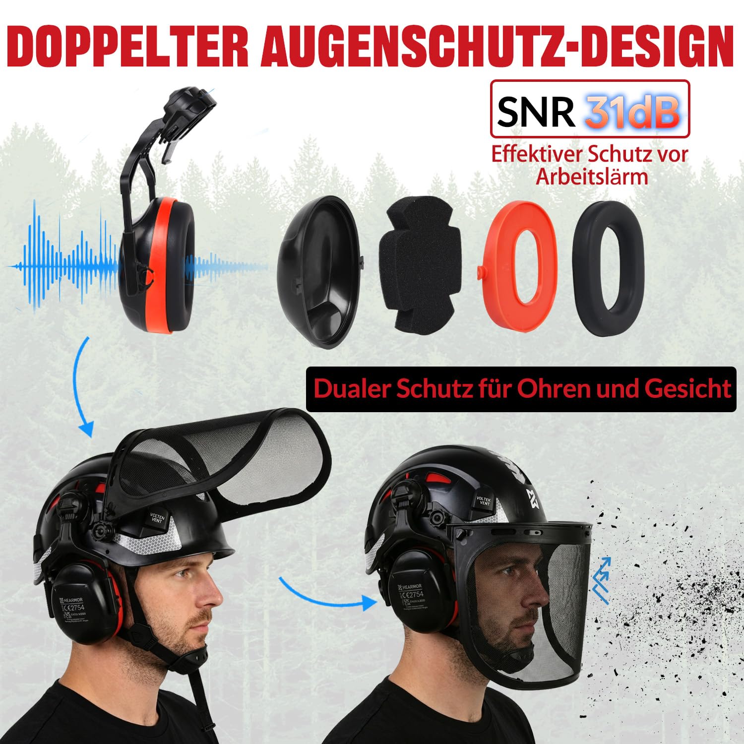 HEARMOR VOLTEK 5-in-1 Forsthelm Schutzhelm-Set mit Helme, Ohrenschutz, Visier, Schweißmütze und Tragetasche, stoßfest und komfortabel belüftet, ABS-Helm für Forstarbeiter, Gärtner und Holzfäller