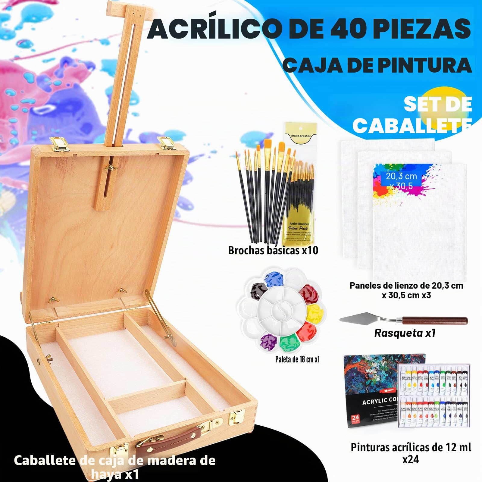40 Piezas Kit de Pintura, Caballete de Mesa con 24 Colores Tubos de Pintura Acrilica, 3 Paneles de Lienzo, 1 Paleta, 10 Pinceles, Set de Pintura para Artistas Adultos y Principiantes