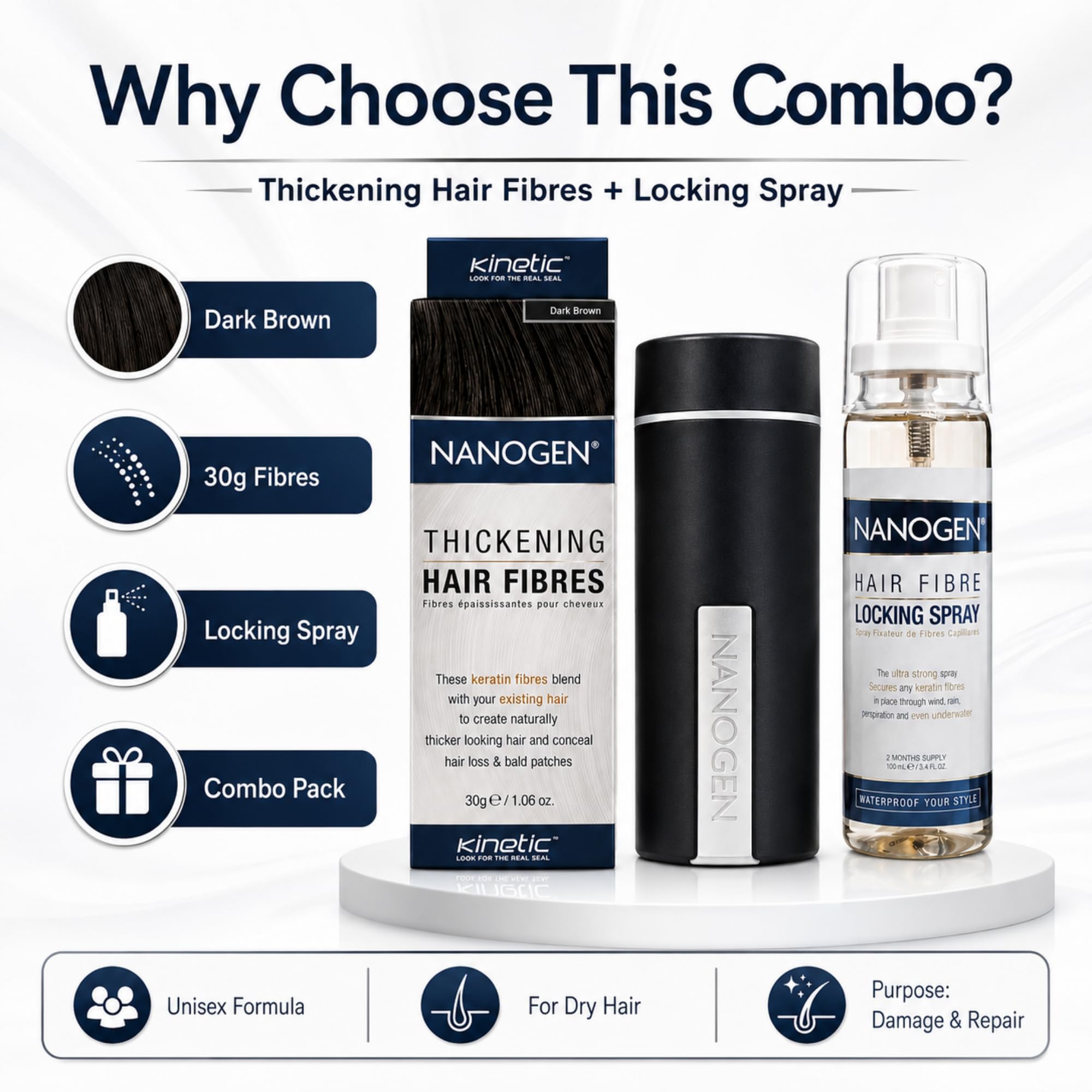 Nanogen - Combo of Nanogen Thickening Hair Fibres Dark Brown 30gms with Locking Spray 3