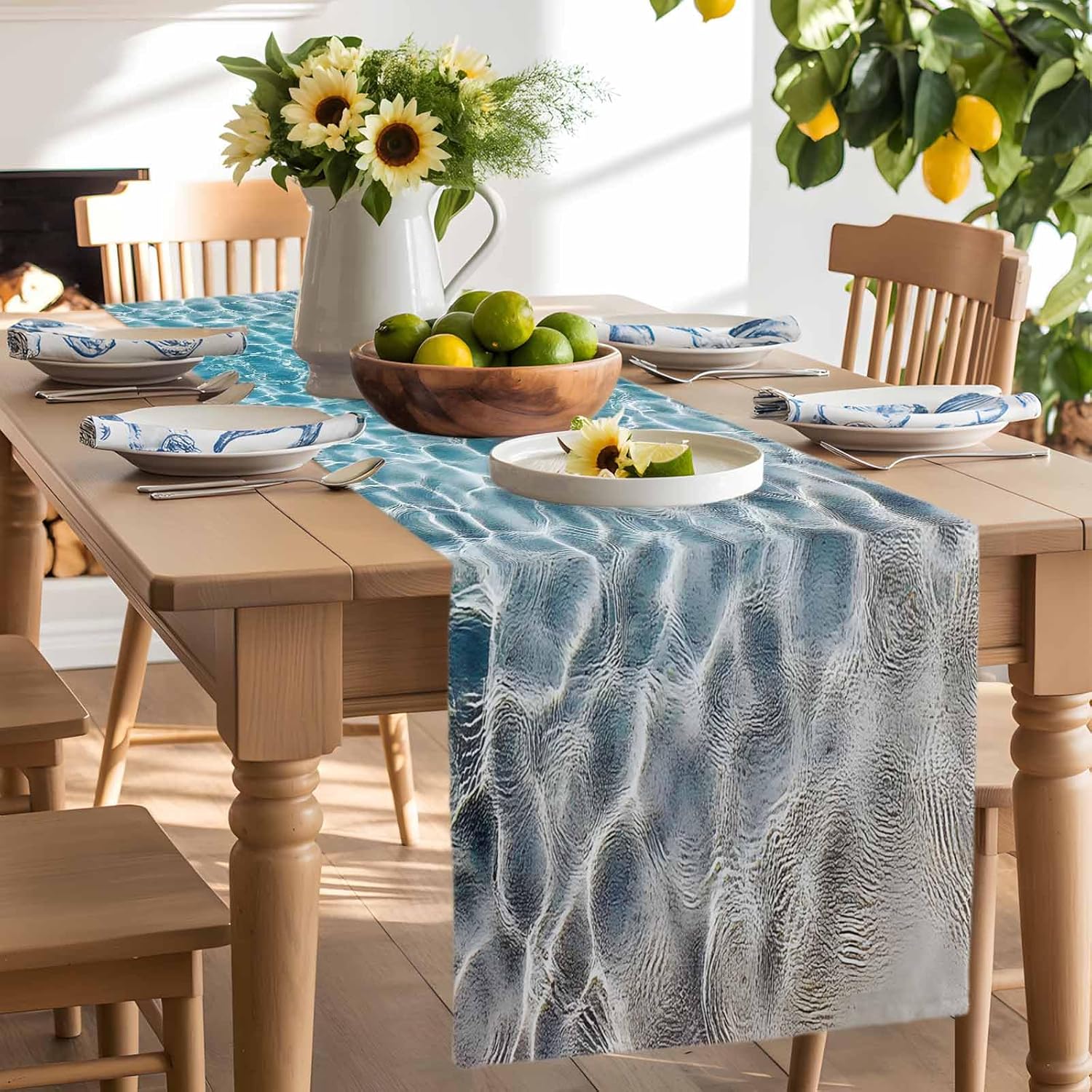 Blue Yellow Cotton Linen Table Runner Dresser Scarf Tropical Sandy Beach Clear Sea Water Non-Slip Burlap Rectangle Table Setting Decor for Wedding Party Holiday Dining Home, 18x72 Inches Long