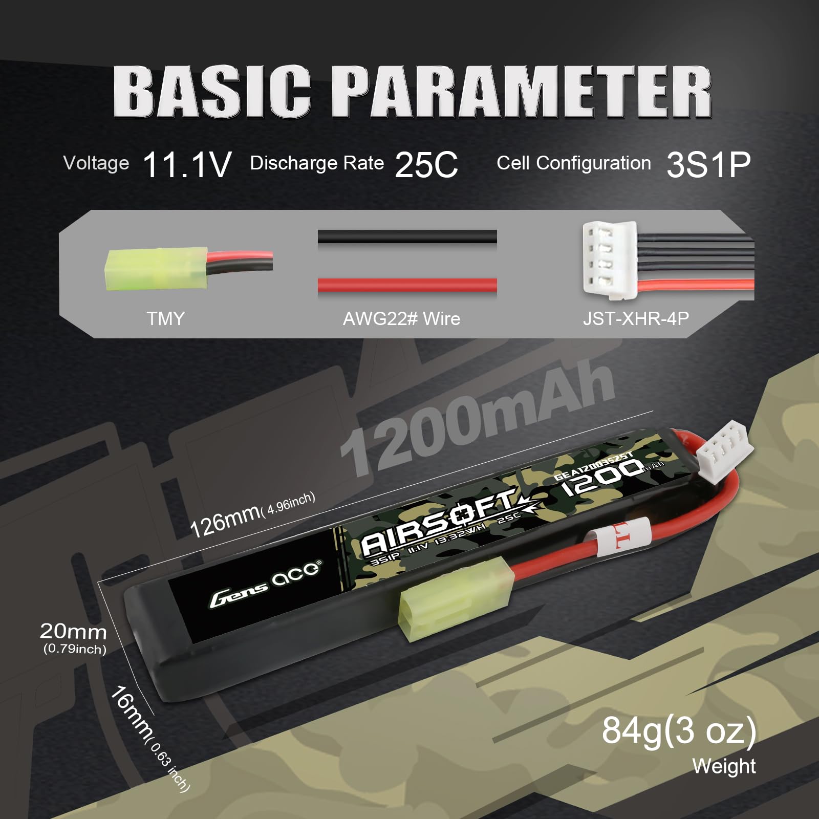 Gens ace 25C 1200mAh 3S1P 11.1V Airsoft Battery with TMY Plug (New Packaging)