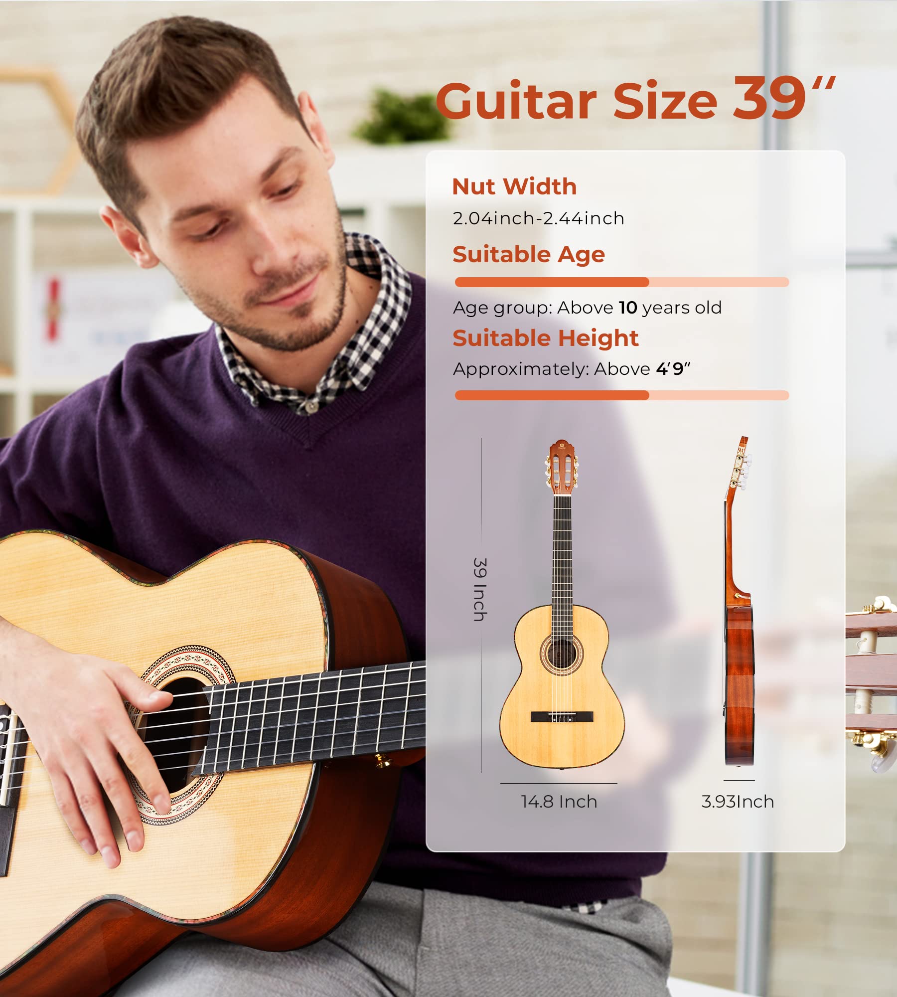 Vangoa Chitarra Classica Set, Chitarra Acustica 4/4 Per Principianti Adulti, Abete Rosso E Sapelli 39 Pollici, Con Custodia, Pedale, Accordatore, Capotasto, Corde Di Ricambio