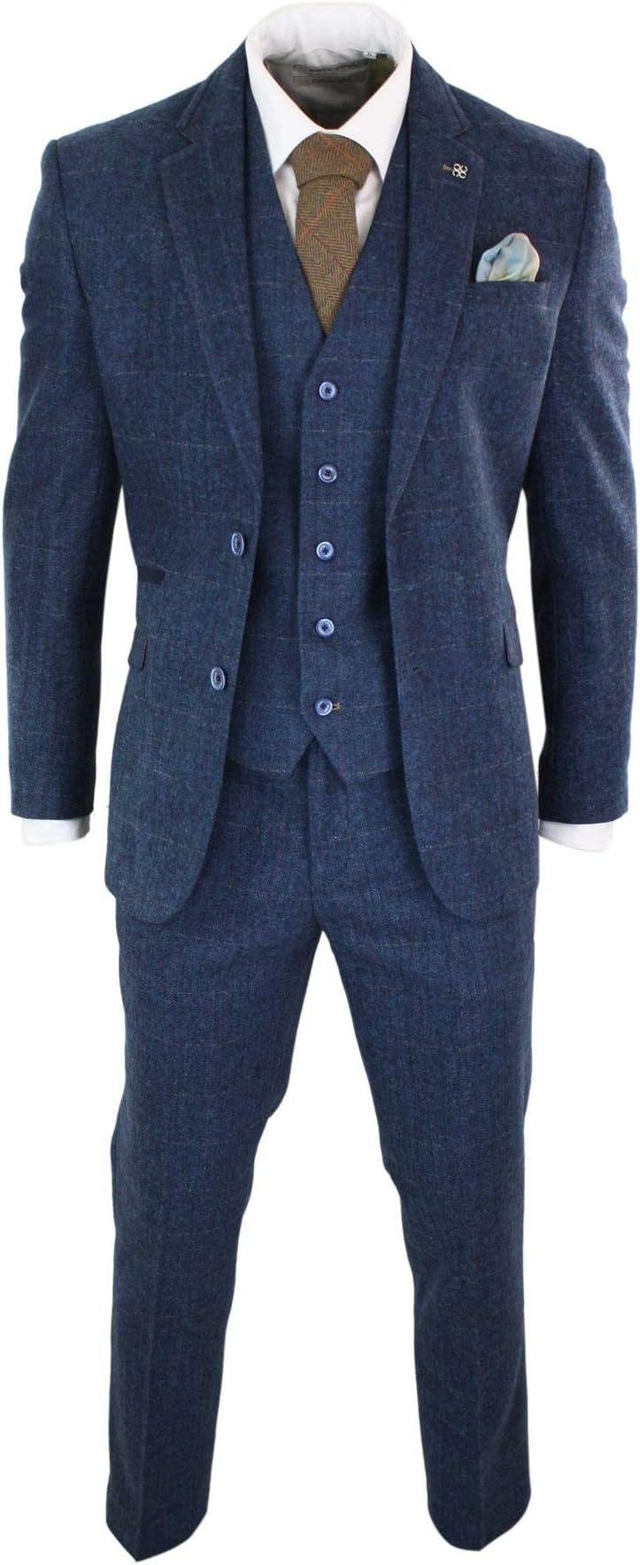 Mens 3 Piece Navy Blue Suit Tweed Check 1920s Tailored Fit Vintage