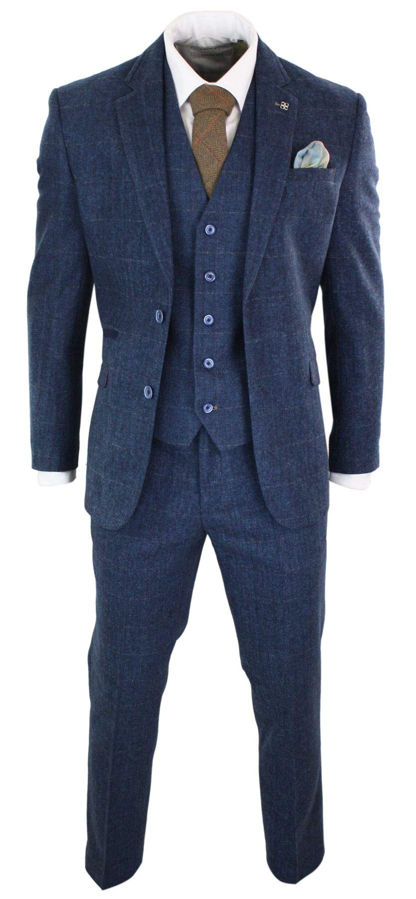 CavaniMens 3 Piece Navy Blue Suit Tweed Check 1920s Tailored Fit Vintage