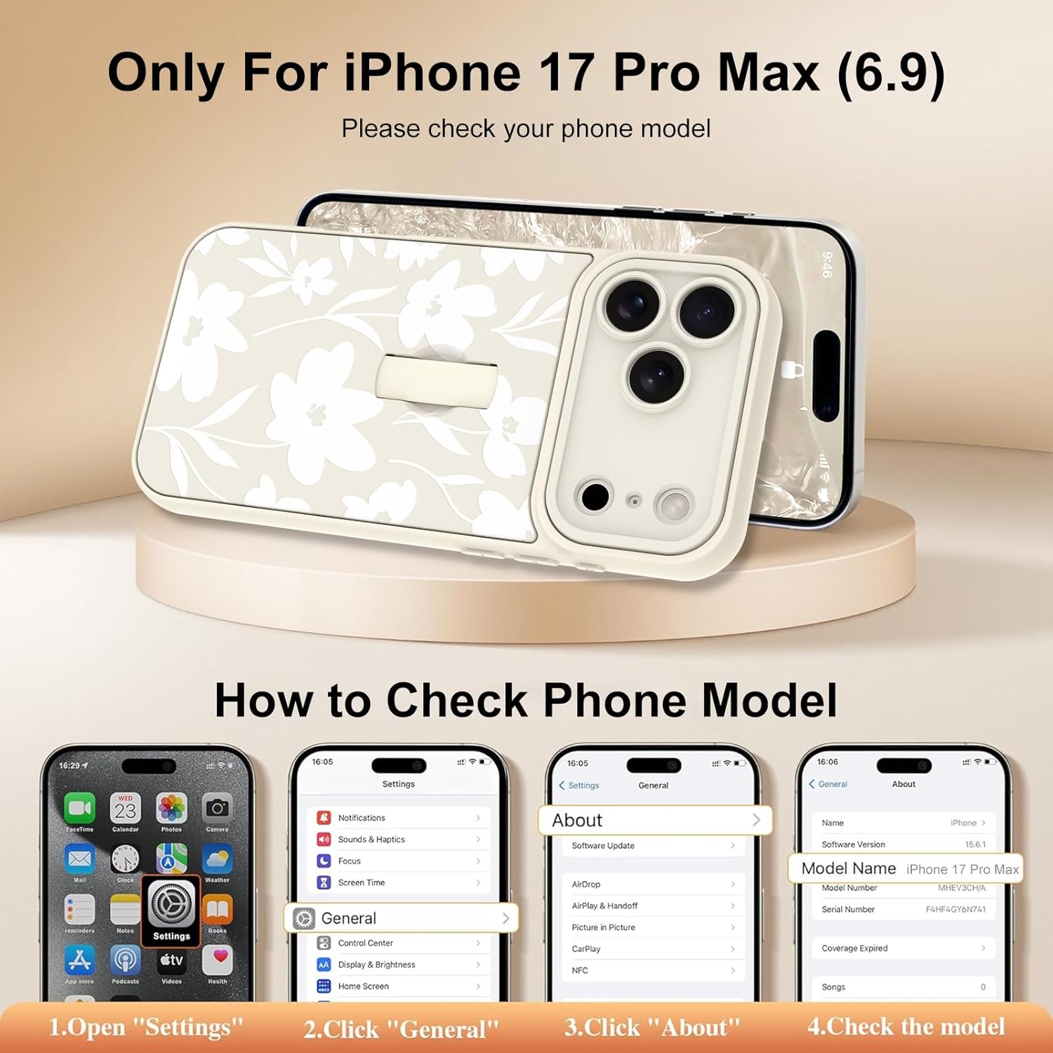 for iPhone 17 Pro Max Case with Finger Hand Strap Kickstand, Cute Aesthetic Floral Flower Phone Case for Women Men, Full Camera Protection Shockproof Cover, White - Image 7