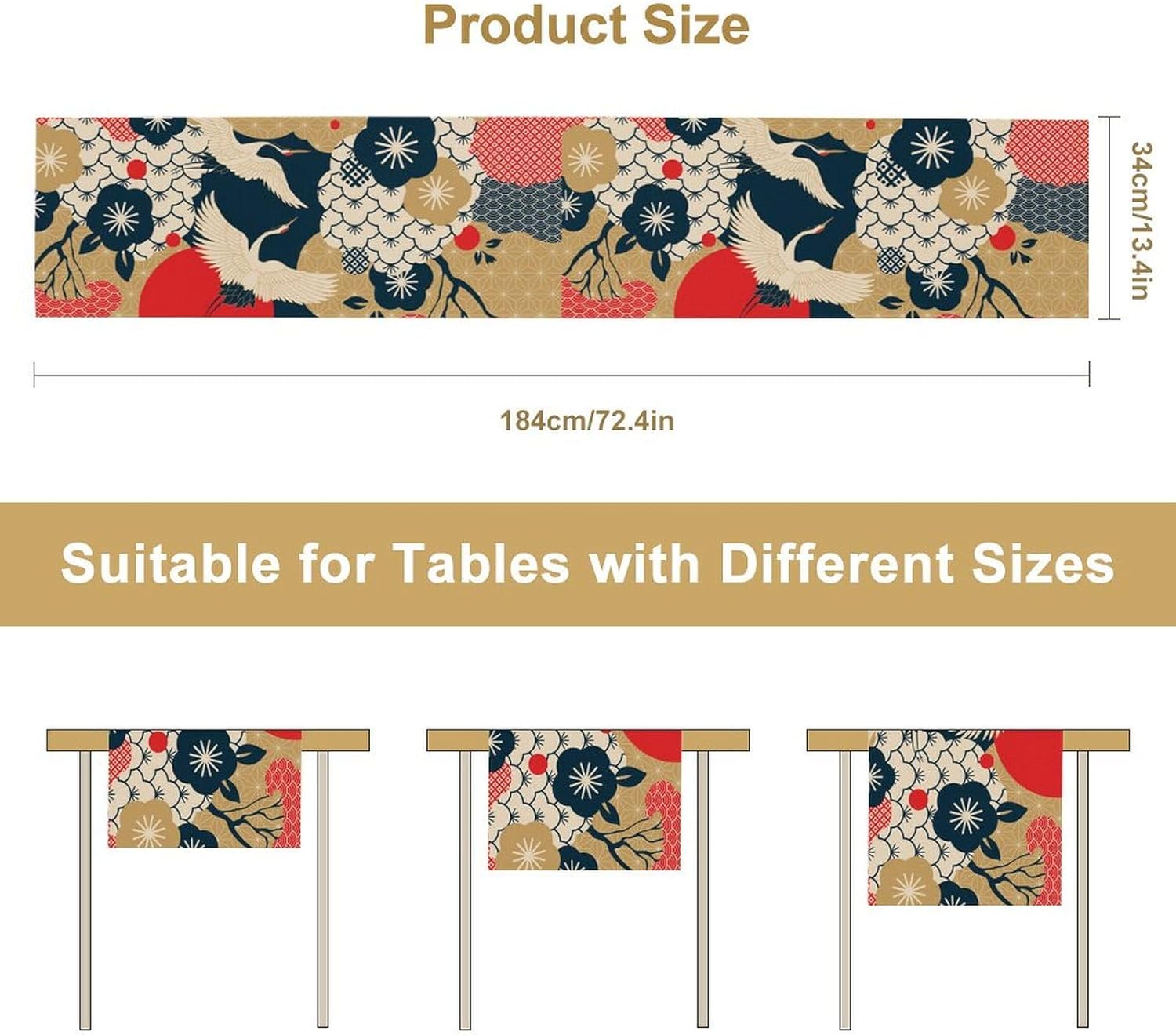 Crane Dinning Table Runner, Line Art Modern Janan Style Oriental Table Runner for Holiday Party Kitchen Study Living Room Home Bedroom Colorful 13x120 Inch