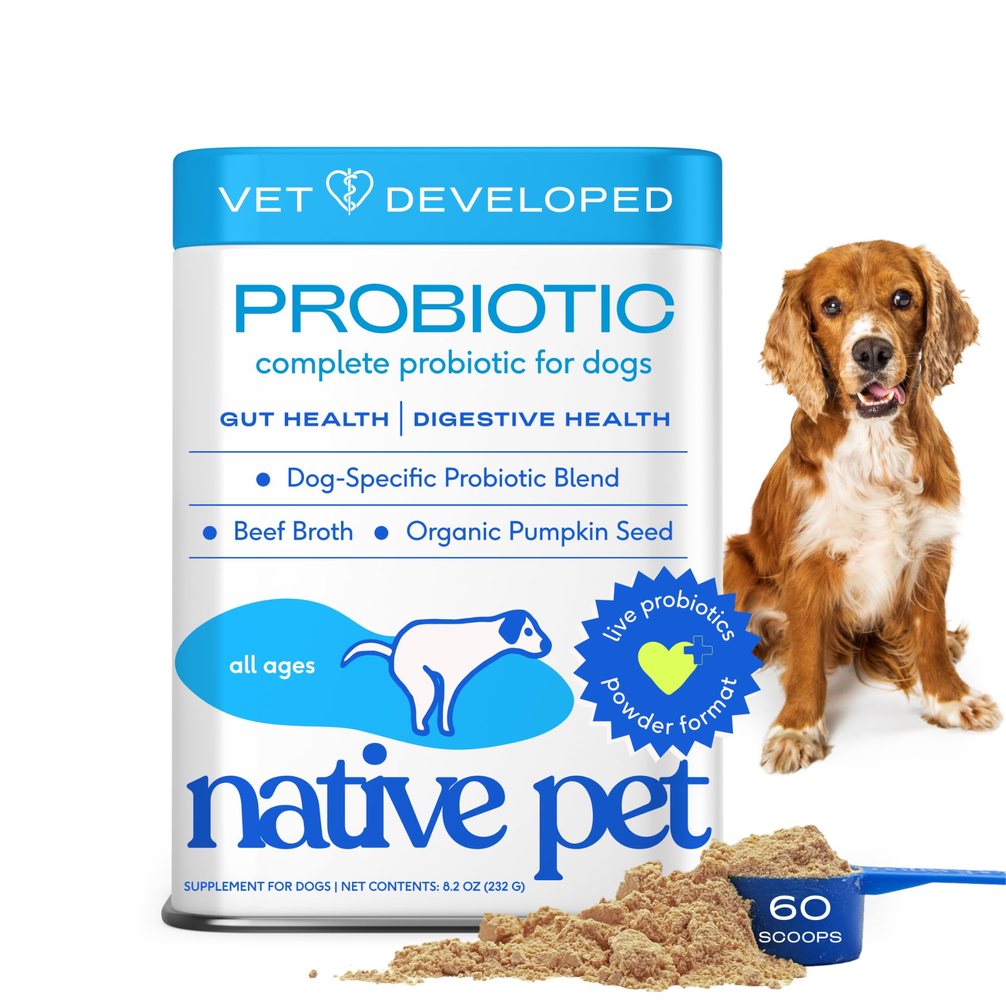 Native Pet Probiotic for Dogs - Vet Created Probiotic Powder for Dogs for Digestive Issues - Dog Probiotic Powder + Prebiotic + Bone Broth - 232 Gram 6 Billion CFU- Probiotics Dogs Will Love! (8.2 oz)