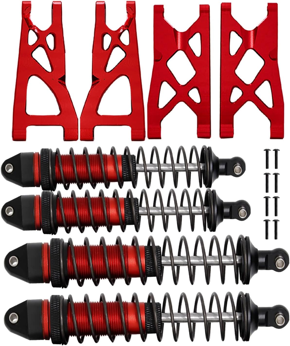 RCMYouRC Shocks & Suspension Arm Upgrades for 1/10 Arrma Big Rock/Vorteks 4x4 3S Blx,Granite/Senton 4x4 4WD Mega 550 & 3S Blx,4PCS Front Rear Full Alloy Big Bore Shocks & A Arms Hop Ups Set,Red
