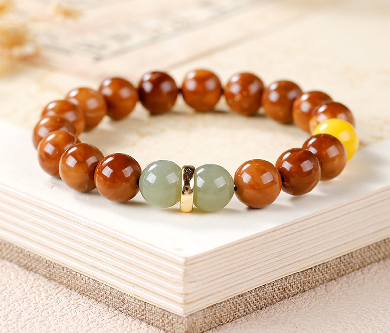 Pulsera de Cuentas de la Suerte de Jade hetiano y kukers Naturales para Mujer | Amuleto de ámbar, Palisandro y sándalo | Nueva joyería Zen de Estilo Chino,8mm