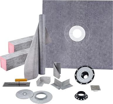 VEVOR Shower Curb Kit, 48"x48" Watertight Shower Curb Overlay with 4" ABS Central Bonding Flange, 4" Stainless Steel Grate, 2 Cuttable Shower Curb and Trowel, Shower Pan Slope Sticks Fit for Bathroom