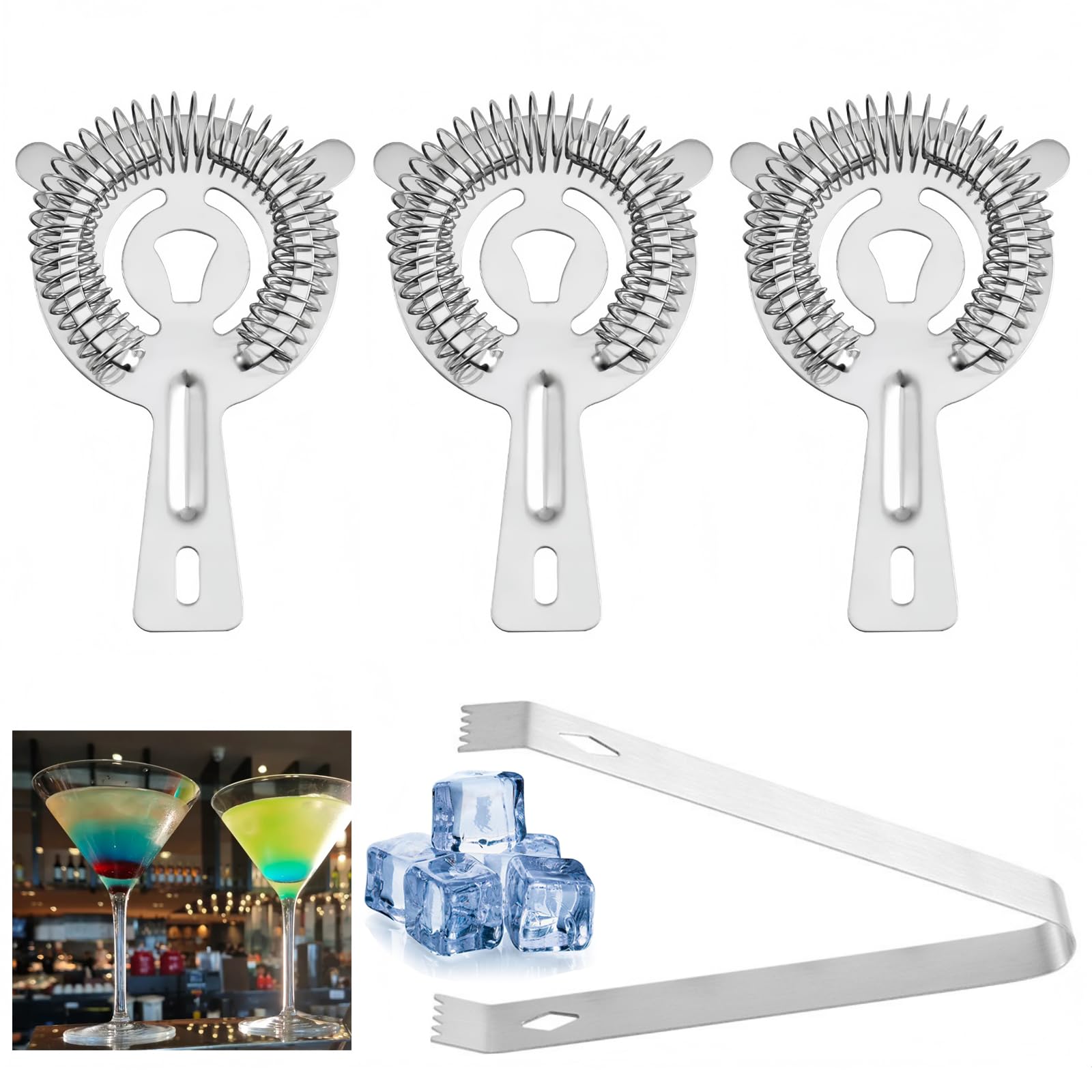 Herramientas de barra de colador de cóctel – 4 coladores de barra con resorte de alta densidad, accesorios de barman de acero inoxidable para filtrar bebidas de cóctel, herramientas profesionales de