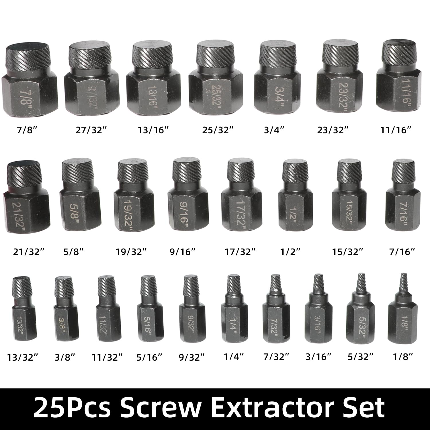 Juego de extractores de tornillos de 25 piezas, juego de extractores de pernos de fácil extracción, juego de tornillos de cabeza hexagonal multiestriados para pernos, tornillos y espárragos redonde