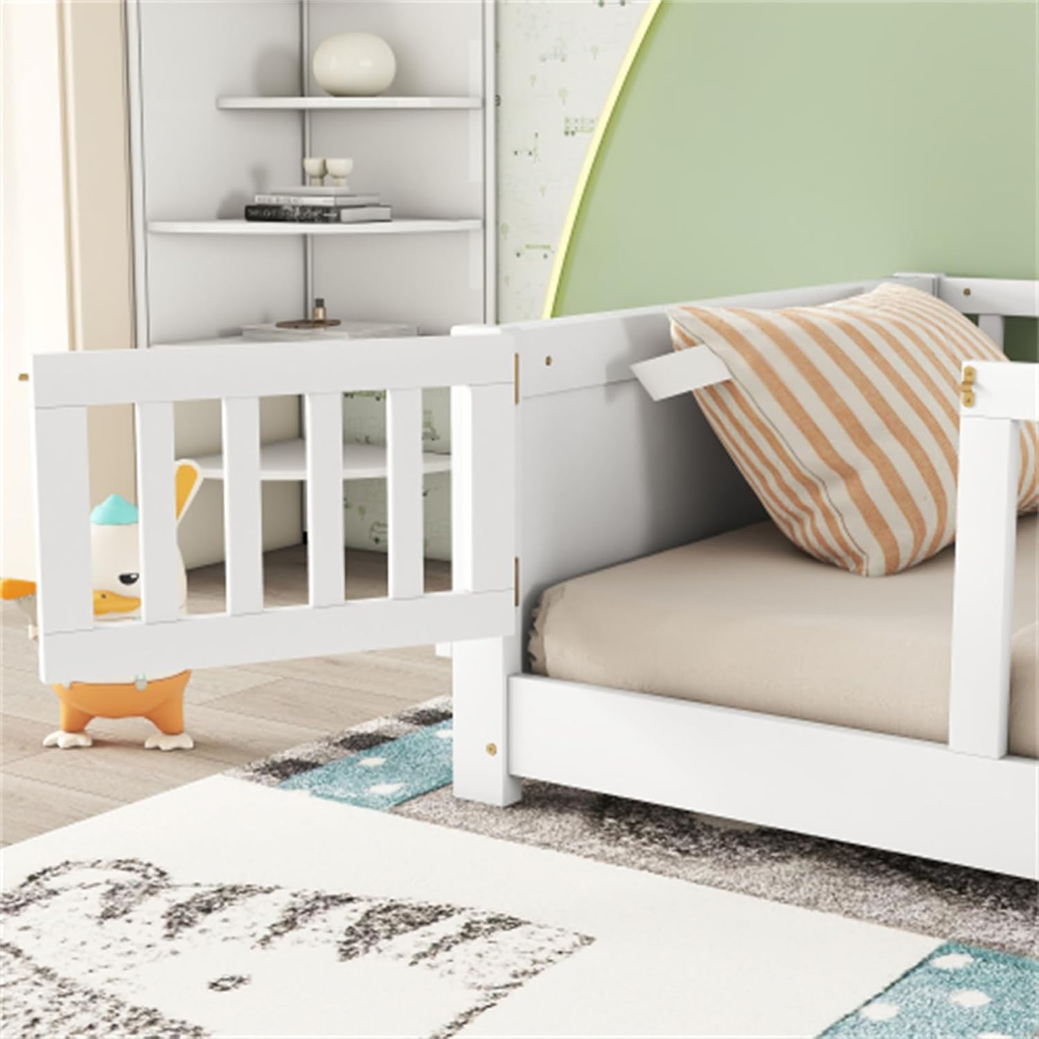 Kids Fun Double Log House Floor Bed with Fence, Guardrail, Suitable for Children and Teenagers Gray