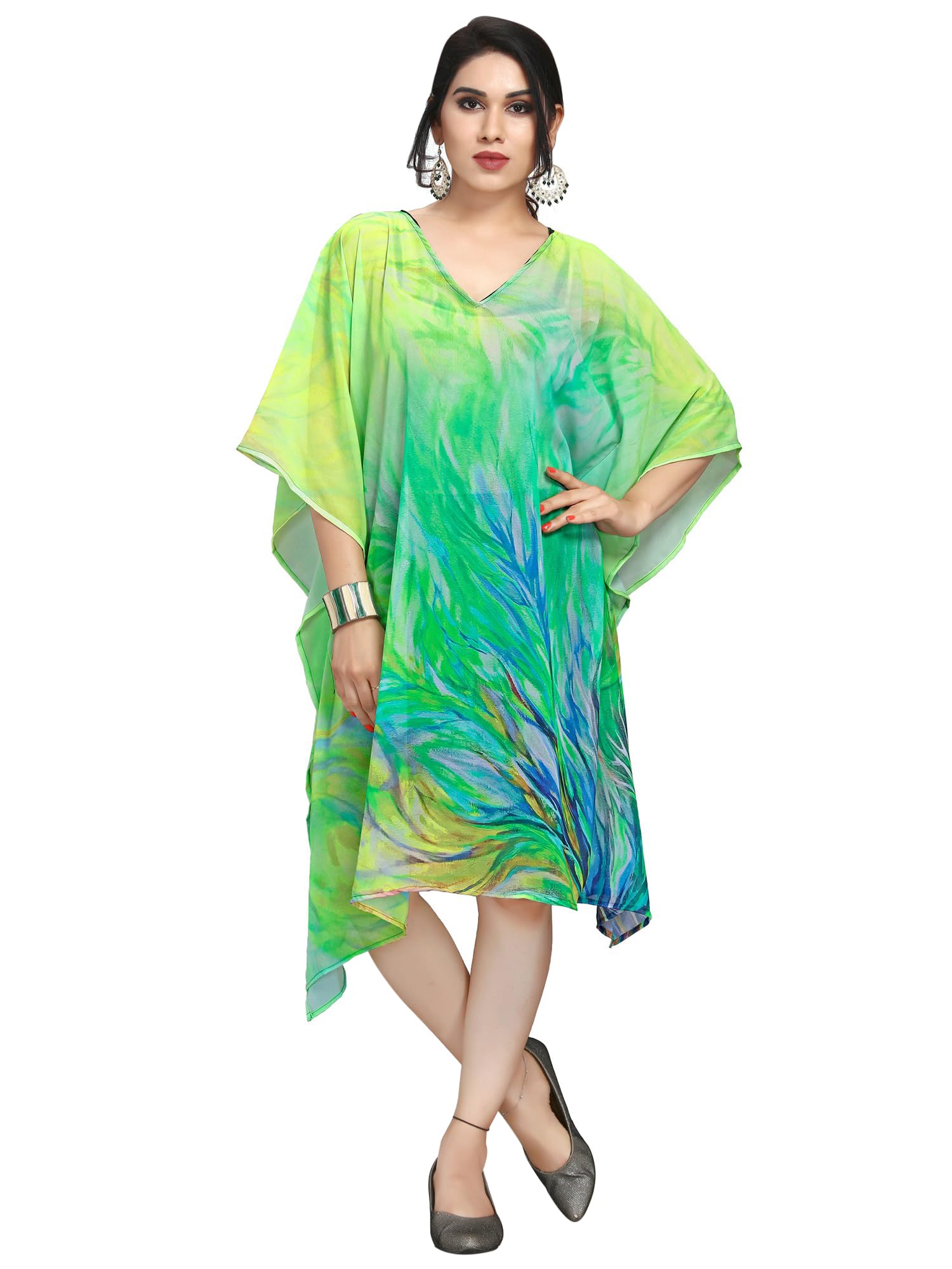 Sharp Green Georgette Diaphanous Printed Short Kaftan Stylish Summer & Resort Wear for Women's-image-2