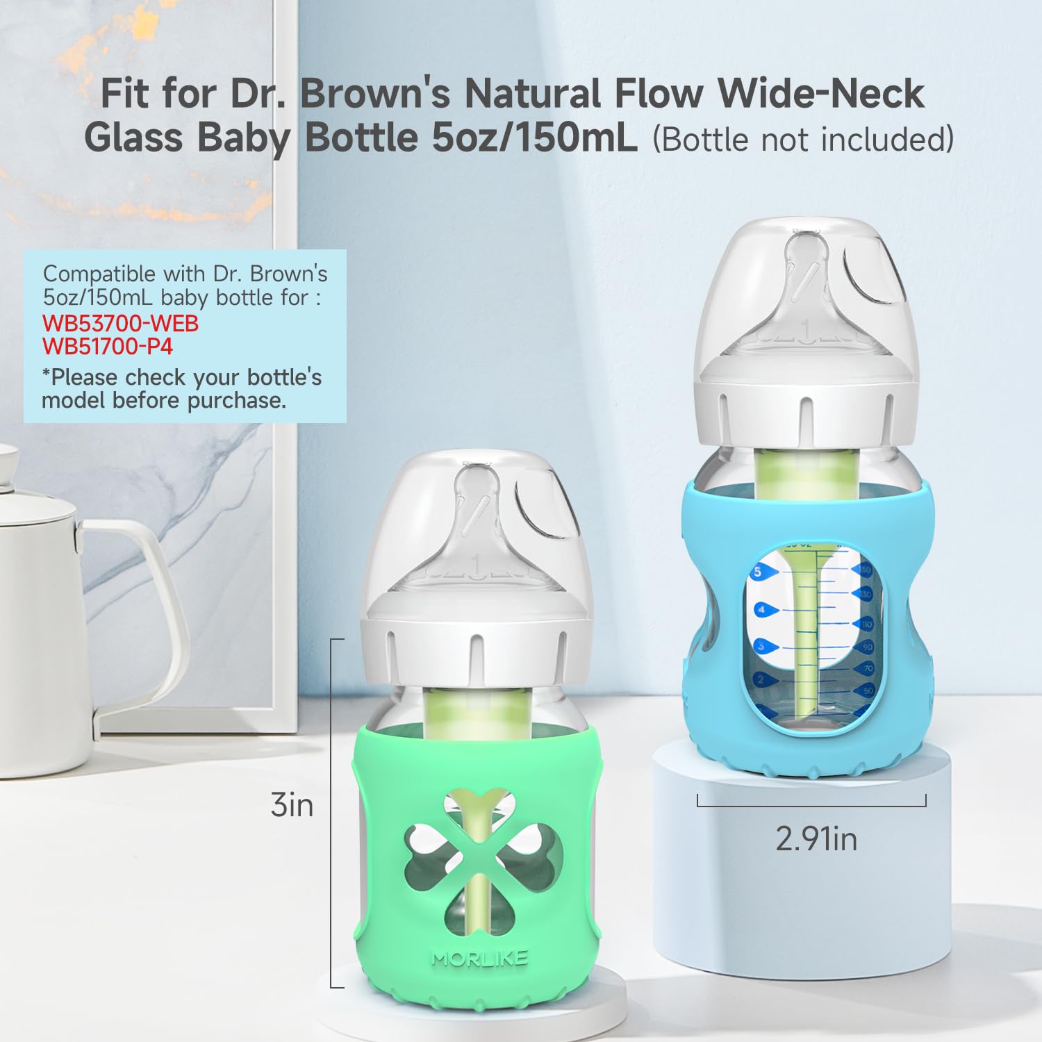 MORLIKE 4 Pack Silicone Sleeves Fit for 5 oz/150 mL Dr. Brown's Wide Neck Glass Baby Bottle, 100% Silicone Covers Protect Baby Glass Bottle, Easy to Grip Bottle Holders for ?WB53700-WEB ?WB51700-P4