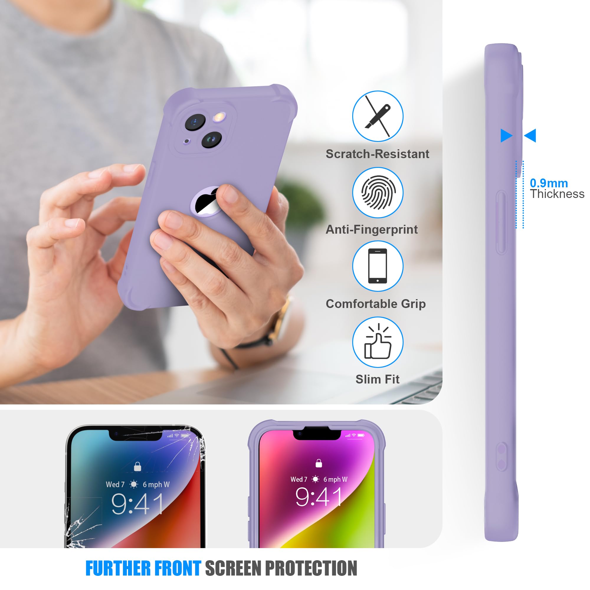 ORETECH Compatibile con Cover iPhone 14, Custodia iPhone 14 con [ 2 x Pellicola Protettiva Vetro Temperato] 2 in 1 Ultra Sottile Antiurto Hard PC Silicone Anti Graffio Cover per iphone 14 - Lillà - Vista 7