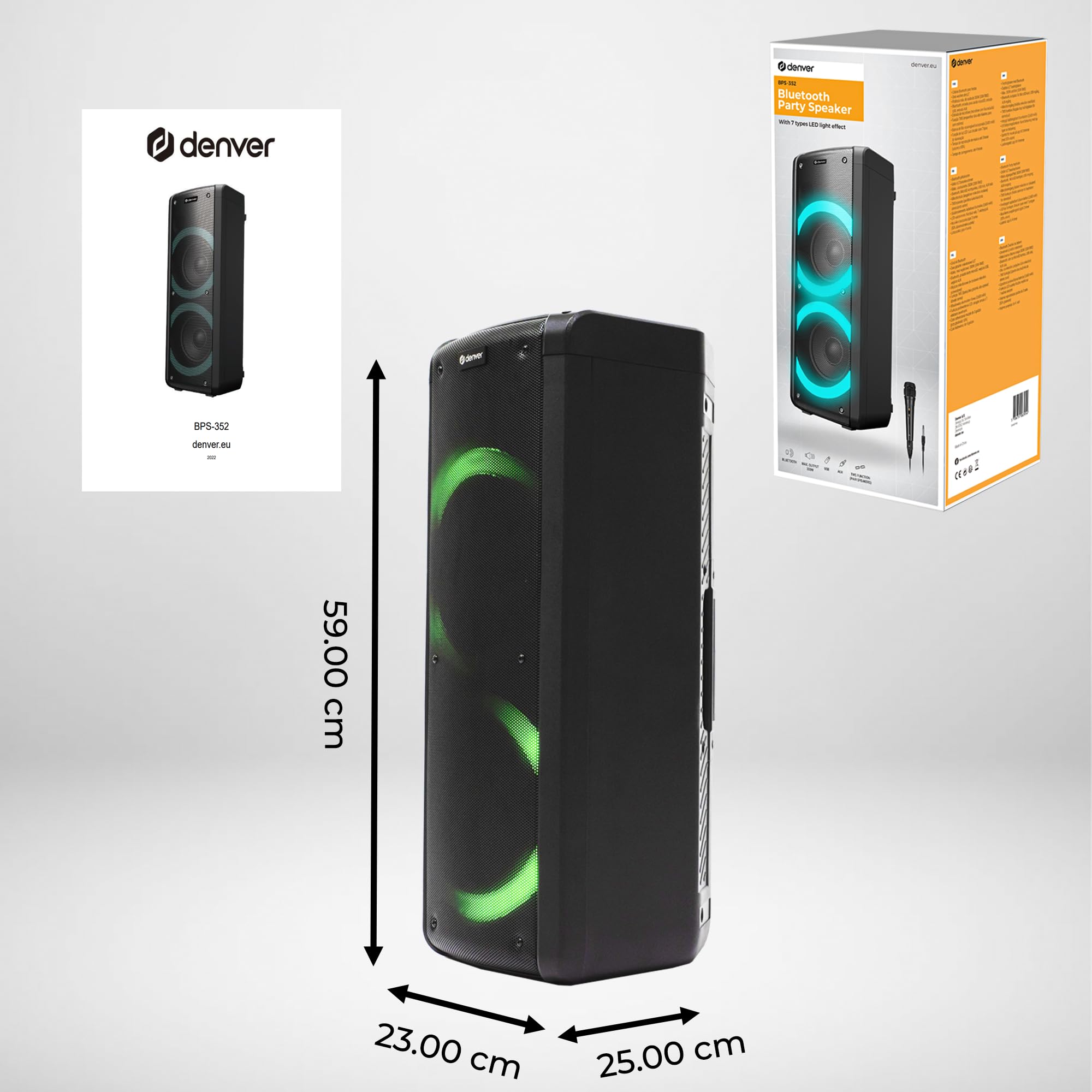 Denver Party-Speaker BPS-352 mit Bluetooth, Party-Lautsprecher, Karaoke | Karaoke Box mit Mikrofon, LED Lichteffekt, TWS Stereo Kopplung, 2x 6,5 Zoll Woofer, USB, MicroSD, AUX, Akku