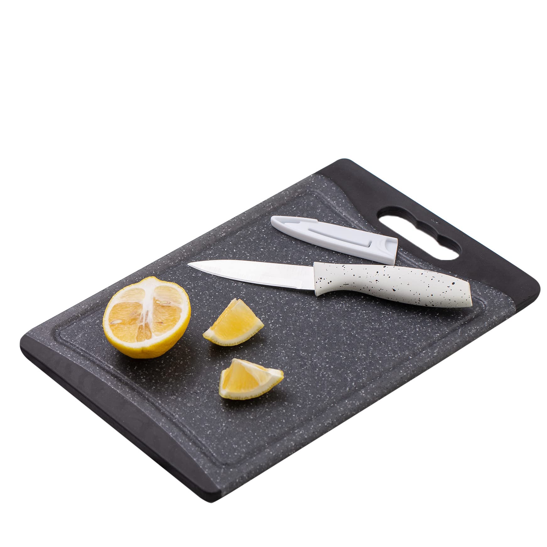 COOK WITH COLOR Paring Knife and Cutting Board Set- Chopping Board with Juice Groove and Sharp Stainless Steel Knife with Soft Grip Handle for Cutting, Chopping and Slicing (Black and White)