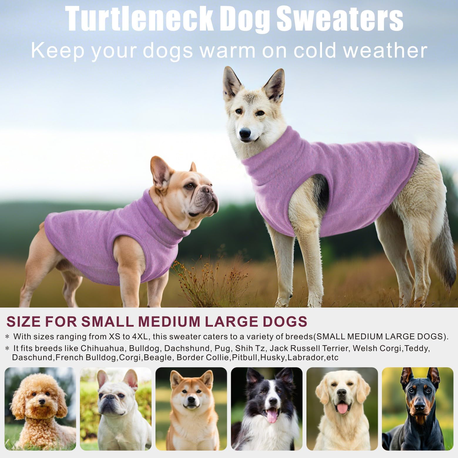 Mosucoirl Dog Sweaters Pet Pullover,Turtleneck Doggy Sweatshirt for Extra Large Dogs Thick Warm Dog Clothes Fleece Soft Winter Hoodies Outfit for Small Medium Large Dogs XS-4XL (Purple - Image 3