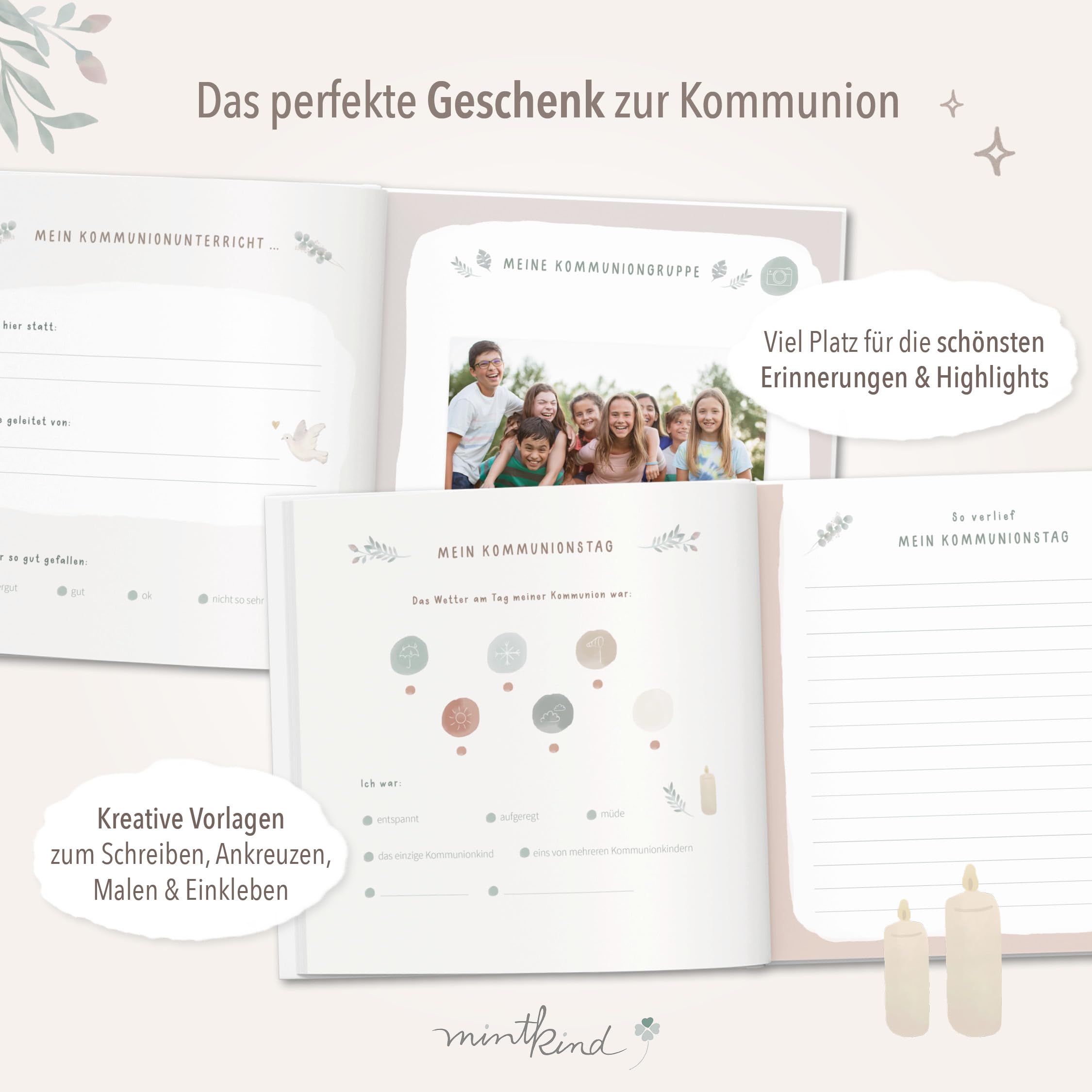 mintkind® Erinnerungsalbum Kommunion Meine Kommunion Kommunionsalbum zum Ausfüllen salbeigrünes Pattern Erinnerungsalbum Kommunion mit Platz für Fotos Wünsche Zeichnungen 60 Seiten Hardcover - 4