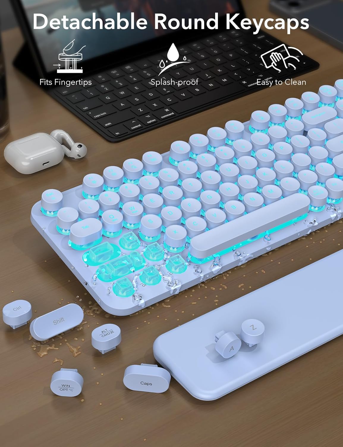 Wireless Keyboard and Mouse Backlit - Purple Typewriter Keyboard with Magnetic Wrist Rest, Retro Round Keycaps, Light Up Letters, 2.4GHz Cordless Combo for Windows, PC, Laptop, Trueque [Upgraded]