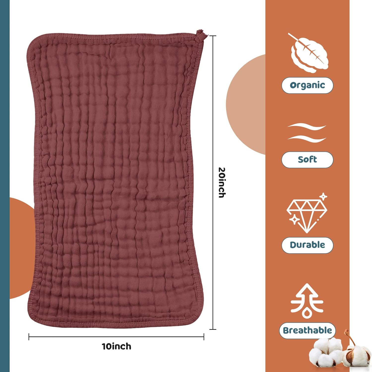 8 Packs Muslin Burp Cloths Large 20" x 10", 6 Layers Unisex Baby Absorbent 100% Cotton Burp Rags Colorful Muslin Washcloths for Baby Plain Soft Cotton Cloth for Babies Girls Boys(Vintage Colors) - Image 2