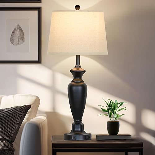 Miniatura 7 de Lámpara de mesa negra de 30 pulgadas de alto, lámpara de noche de control táctil regulable de 3 vías con USB A+C y salida de CA para dormitorio,
