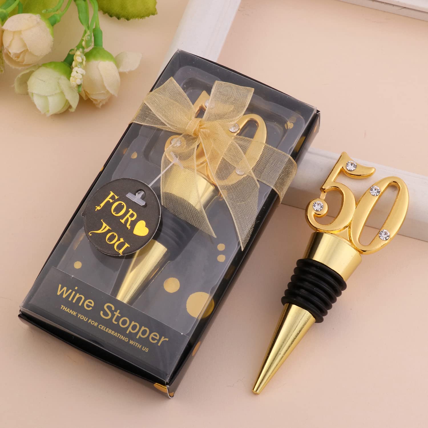 24 Stück Gastgeschenke zum 50. Geburtstag: Weinflaschenstopfen mit Geschenkbox, Herzform, Schwarz und Gold, Glas, für 50. Hochzeit, Party, Gastgeschenk, Souvenir, Dekoration