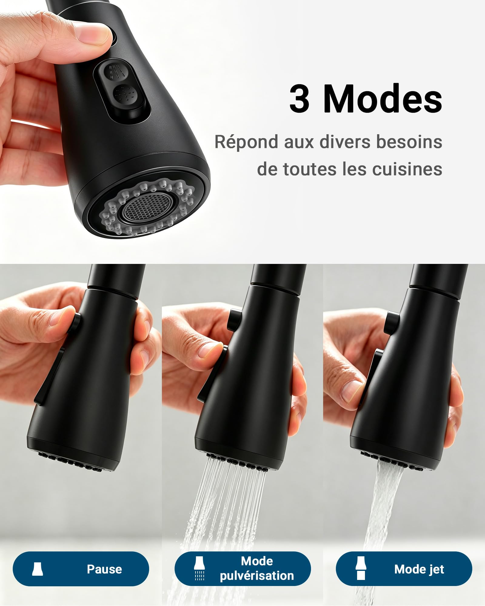 Ibergrif Robinet Cuisine 360° Pivotant Douchette Extractible, Mitigeur Évier Acier Inoxydable Noir Chromé, 3 Modes de Pulvérisation, Économie d'Eau,M22136B