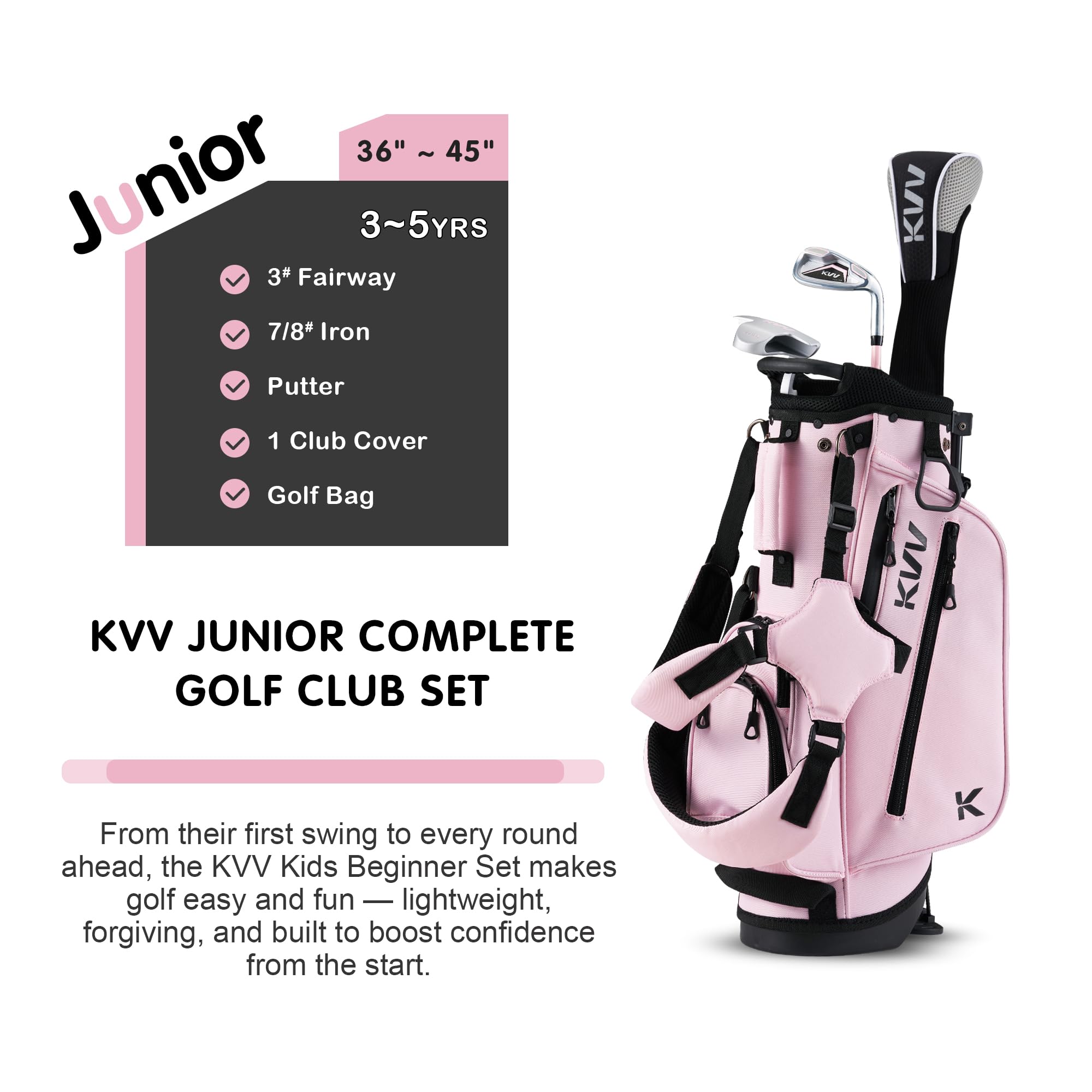KVV Juego completo de palos de golf para niños de 3 a 5 años, con bolsa de soporte ligera, Fairway, Iron y Putter para diestros (rosa, edades de 3 a 5 años)
