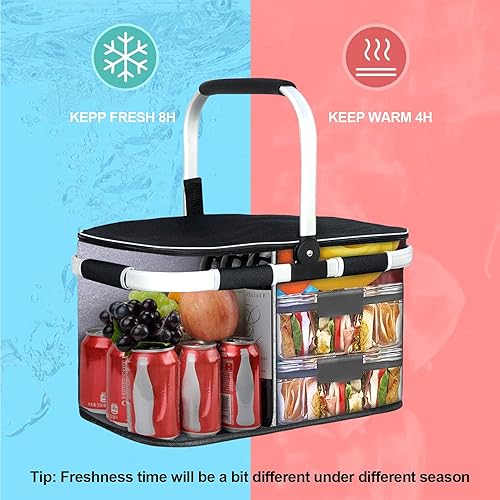 Miniatura 17 de LIQING - Cesta de picnic grande de 35 L, bolsas de compras para viajes, camping, 2 capas de bolsillos internos a prueba de fugas y aislamiento Rojo