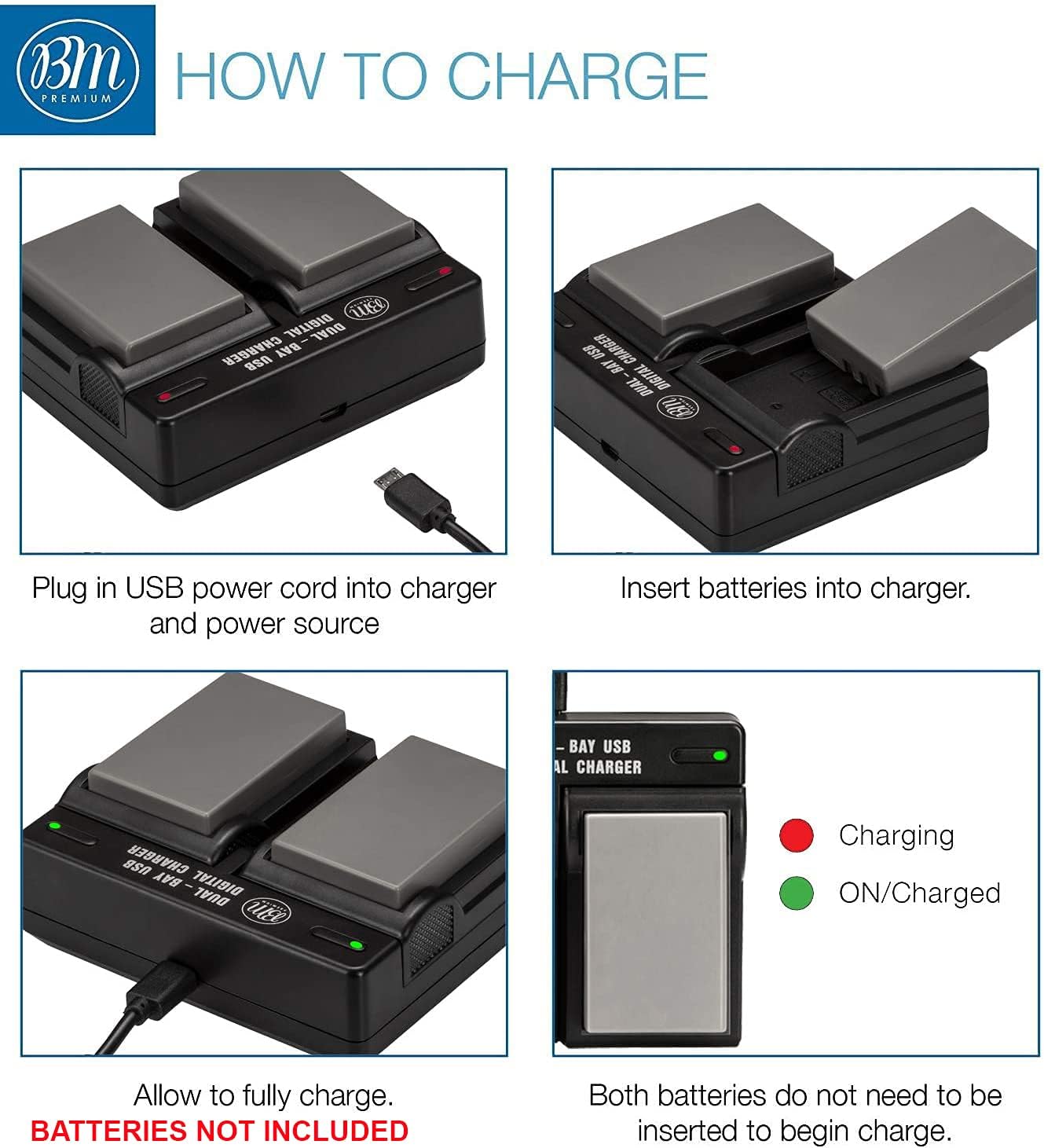 BM BLS-1, BLS-5, BLS-50 Dual Bay Battery Charger for Olympus OM-5, O-M5 II, E-PM1, E-PL3, E-PL5, E-PL7, E-PL8, E-PL9, E-PL10, OM-D E-M5 III, OM-D E-M10, E-M10 III, E-M10 IV, Stylus 1 BCS-5 Replacement