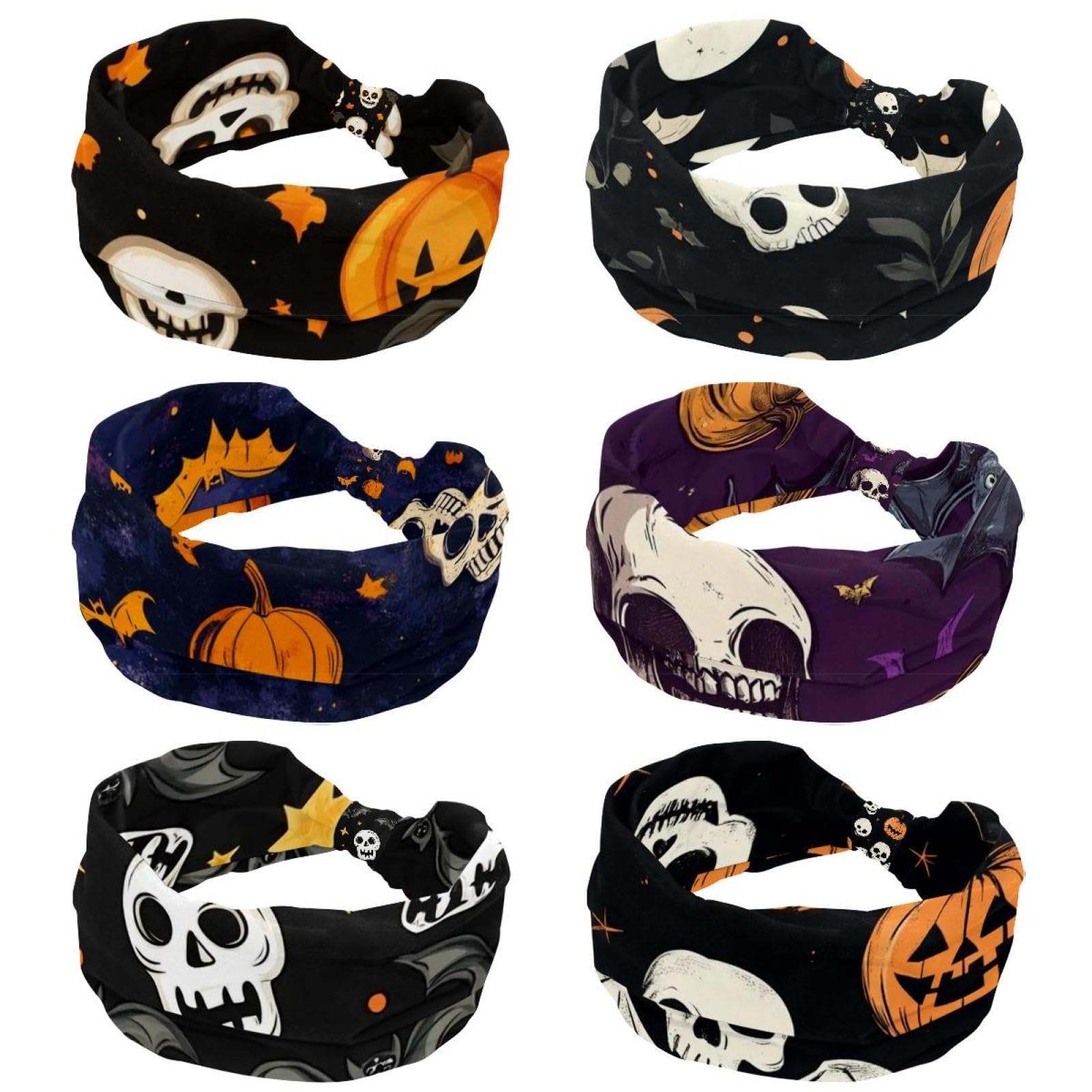 Lot de 6 bandeaux larges pour femmes, crânes, citrouilles, chauves-souris, bandeaux antidérapants pour le sport