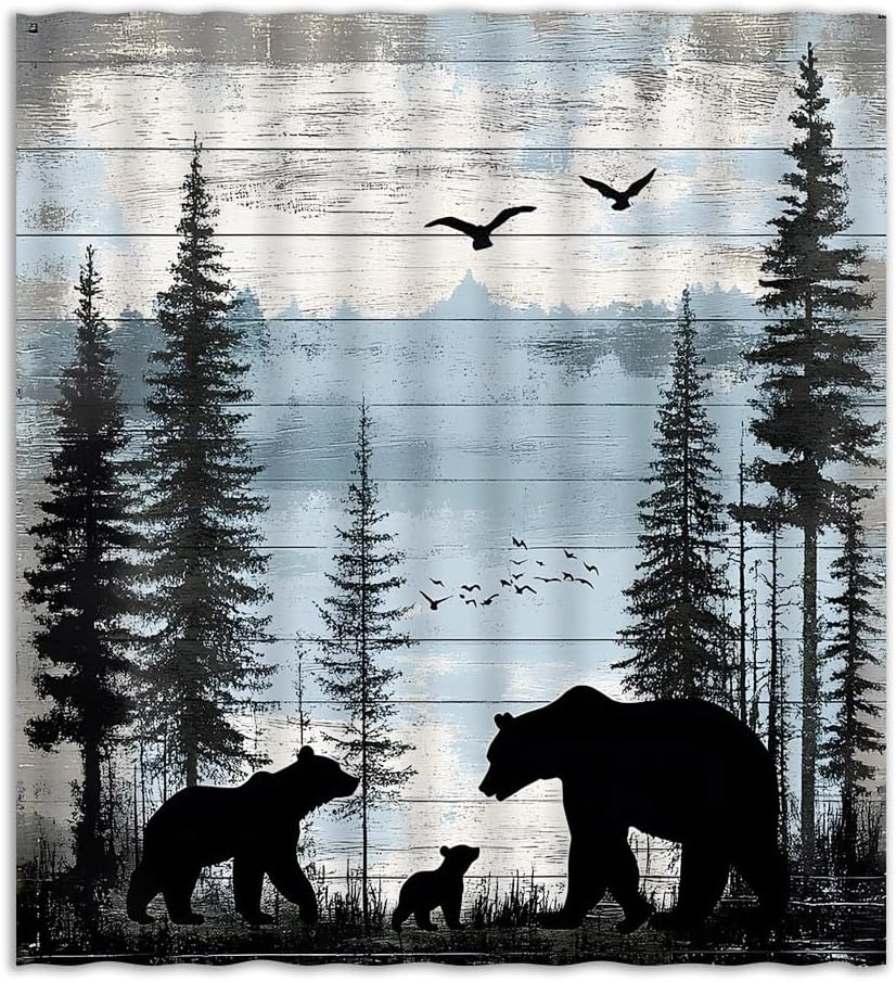 Rustic Cabin Shower Curtain Farmhouse Country Bear Forest Vintage Wooden Board Hunting Camping Fabric Bathroom Decor Curtain with Hooks, 78Wx70H