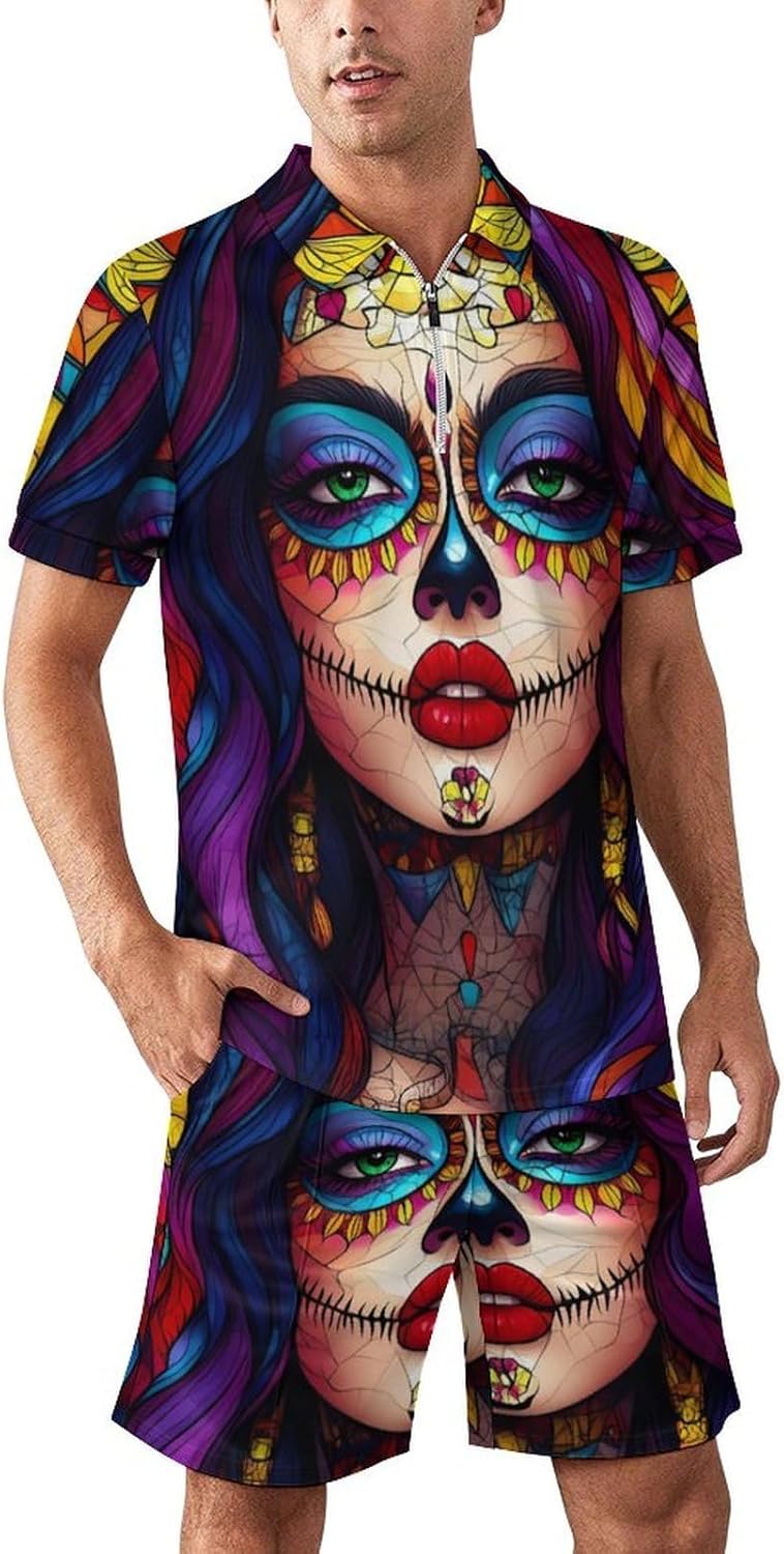 Day of The Dead Floral Skull Goth Mens Polo Shirts Track Suits 2 Piece Short Sleeve Sweatsuit 1/4 Zip Golf Loungewear for Sports