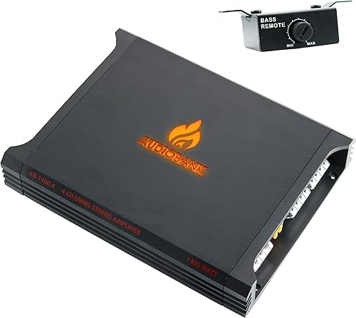 Audiobank AB1400.4 Amplificador de altavoz estéreo de audio para automóvil de 4 canales de 1400 vatios 2 ohmios clase AB con control de bajos,