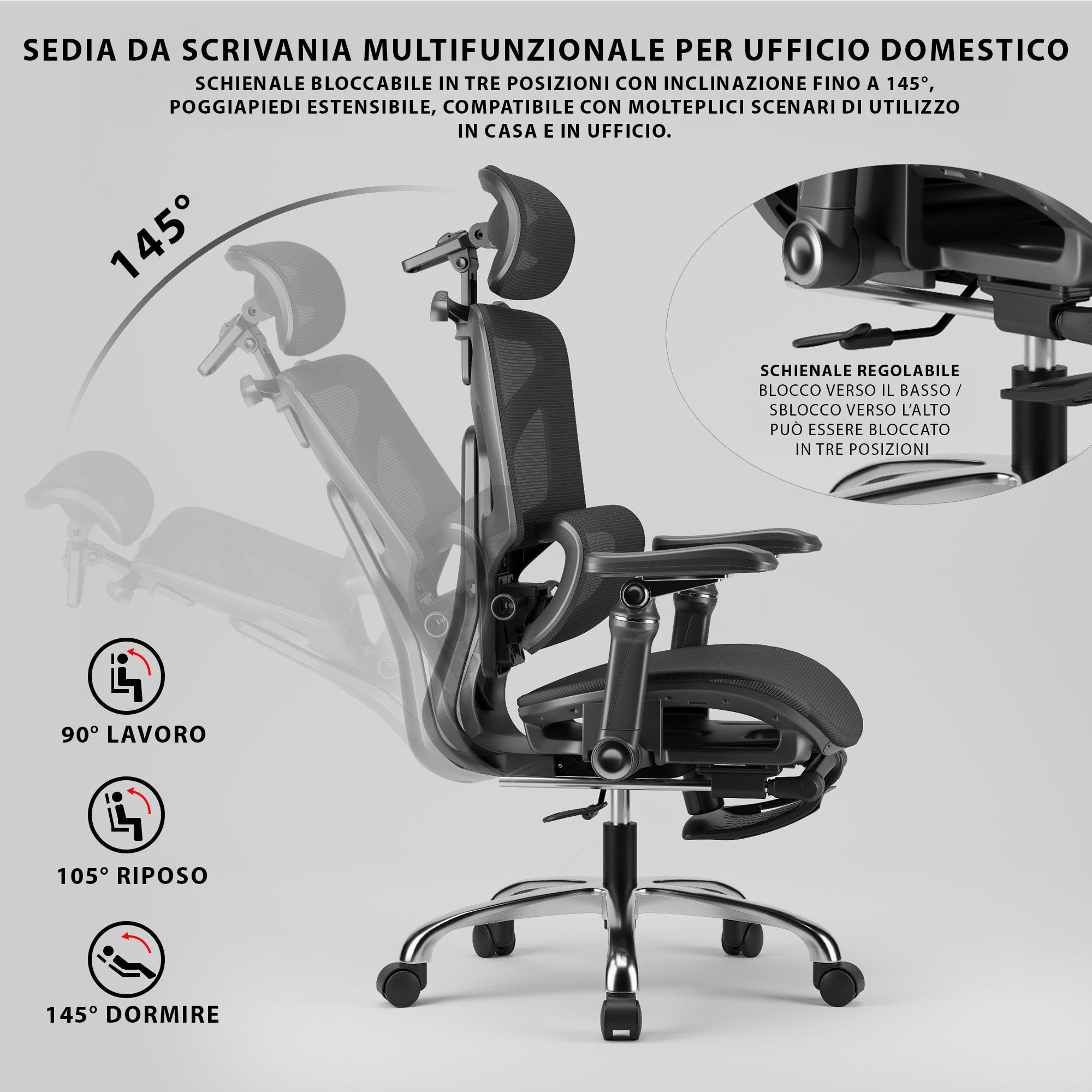 POSH Sedia da ufficio ergonomica con poggiapiedi e braccioli 9D, inclinazione di 145°, con supporto lombare dinamico, poggiatesta regolabile, schienale in rete e croce in alluminio, fino a 100 kg