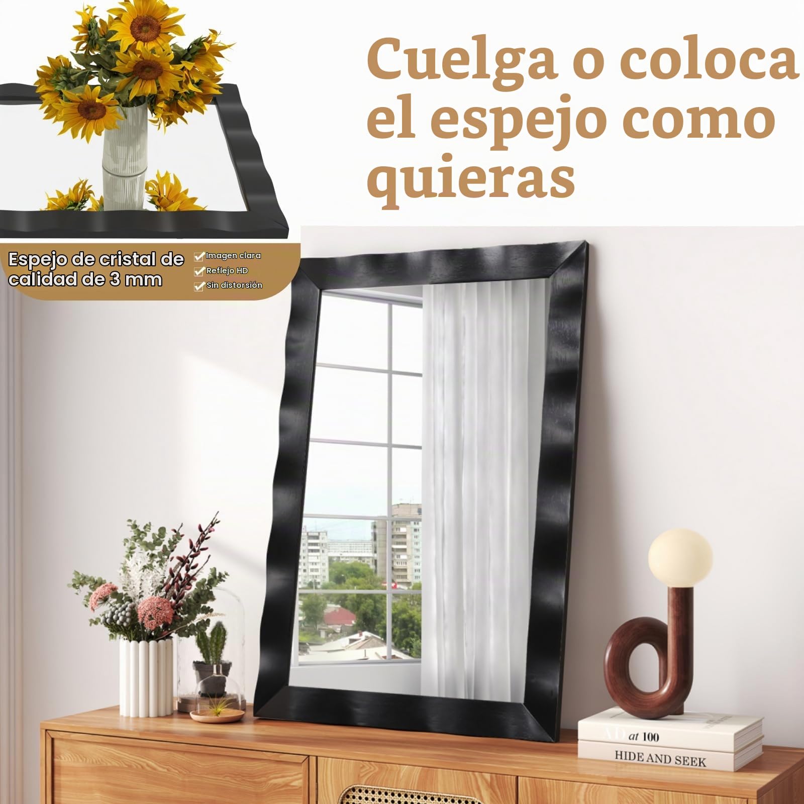 LIFEZEAL Espejo de Pared, 106x71,5 cm, Espejo Decorativo con Marco de Madera de Caucho, Espejo Rectangular para Dormitorio, Pasillo, Entrada (Negro)