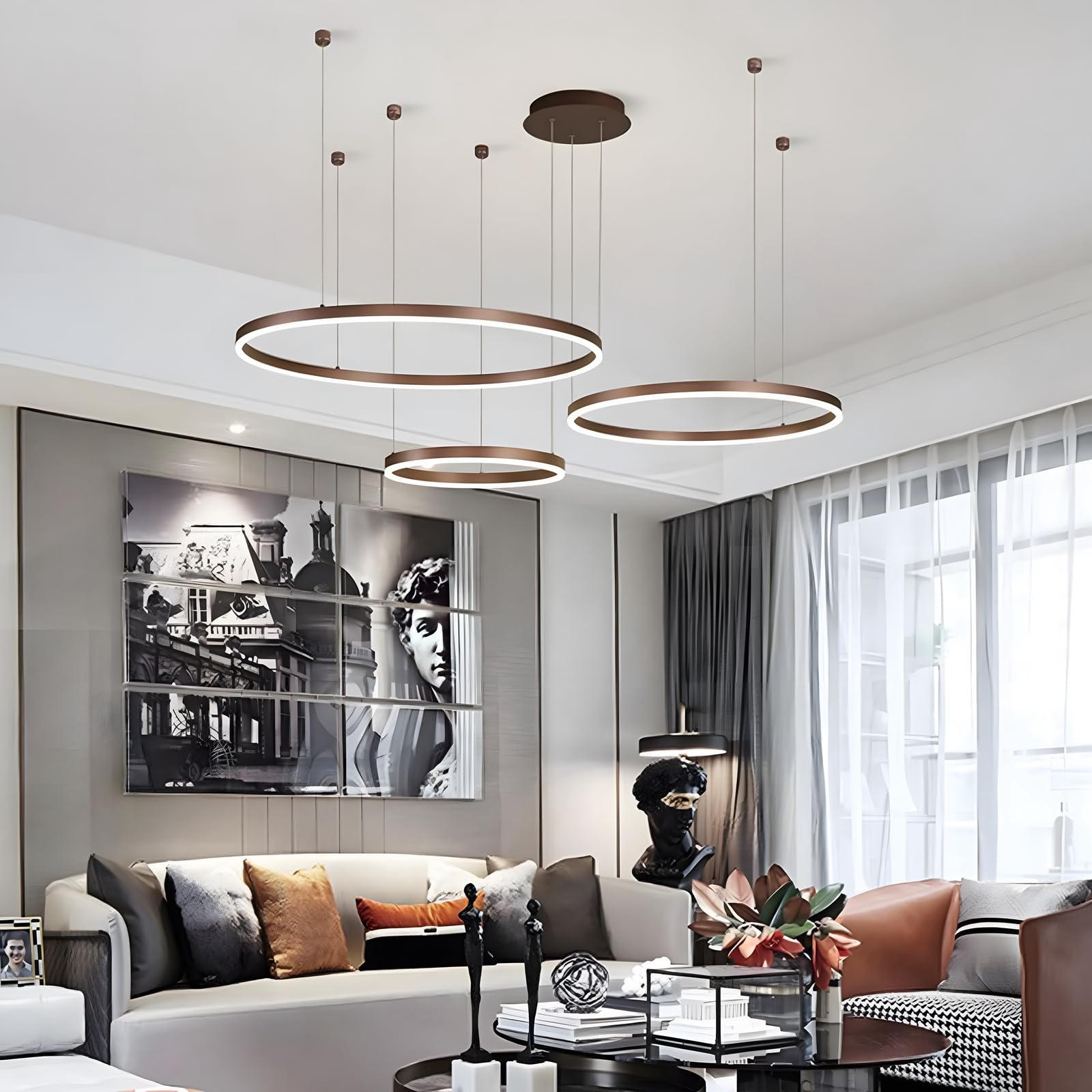 Lustre LED en Métal | 3 Cercles 40+60+80cm | 90W Plafonnier Suspendu Avec Anneaux, Télécommande à Intensité Variable 3000-6000K, Abat-jour en Acrylique Salon Chambre Foyer Salle Manger【Brun】