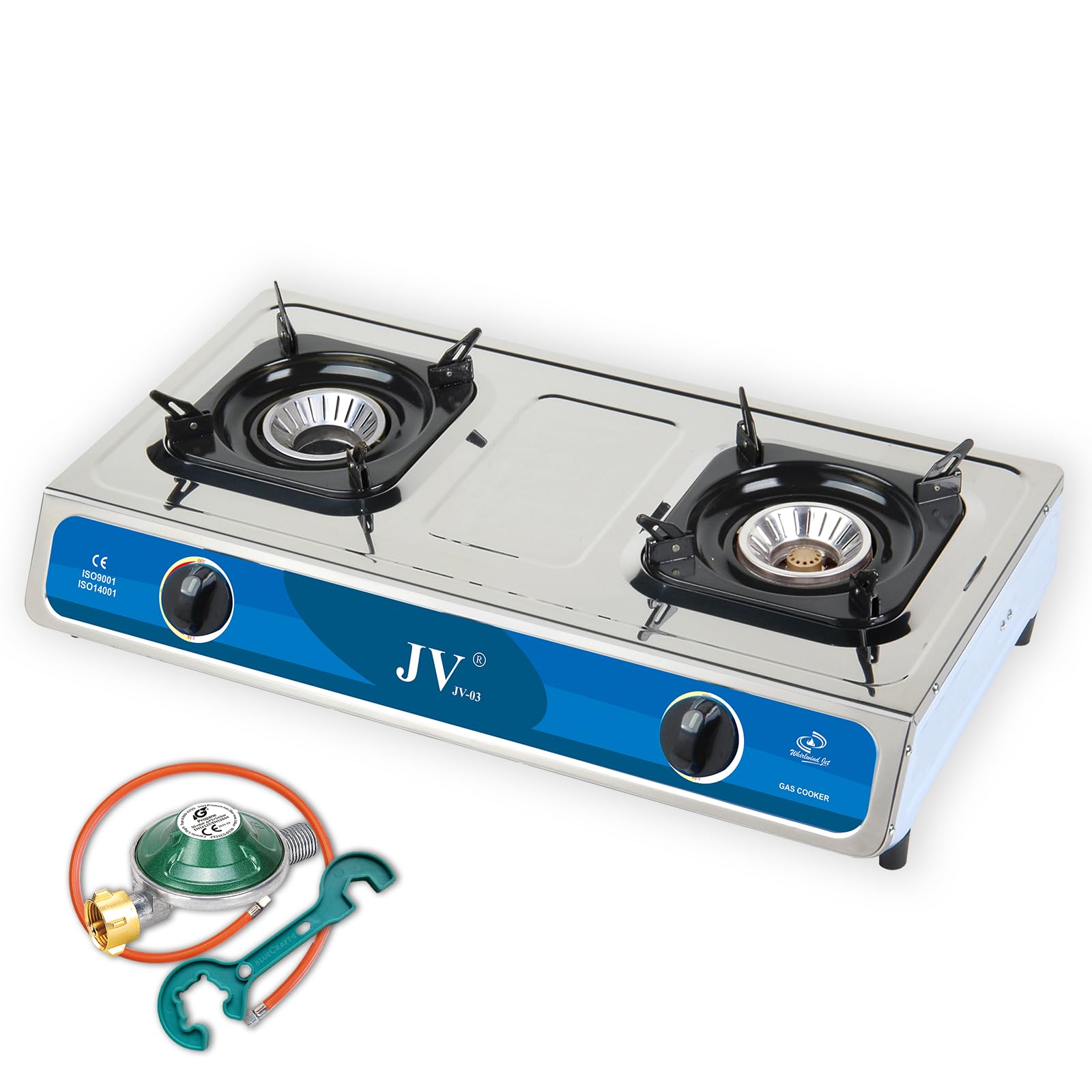 Bluecraft Gaskocher Camping 2-flammig, 9 kW, Edelstahl, mit Zündsicherung | Campingkocher für Propan Gasflasche, hochwertige Wokbrenner, Turboeffekt, Gasschlauch & 50 mbar Outdoor Gasdruckregler