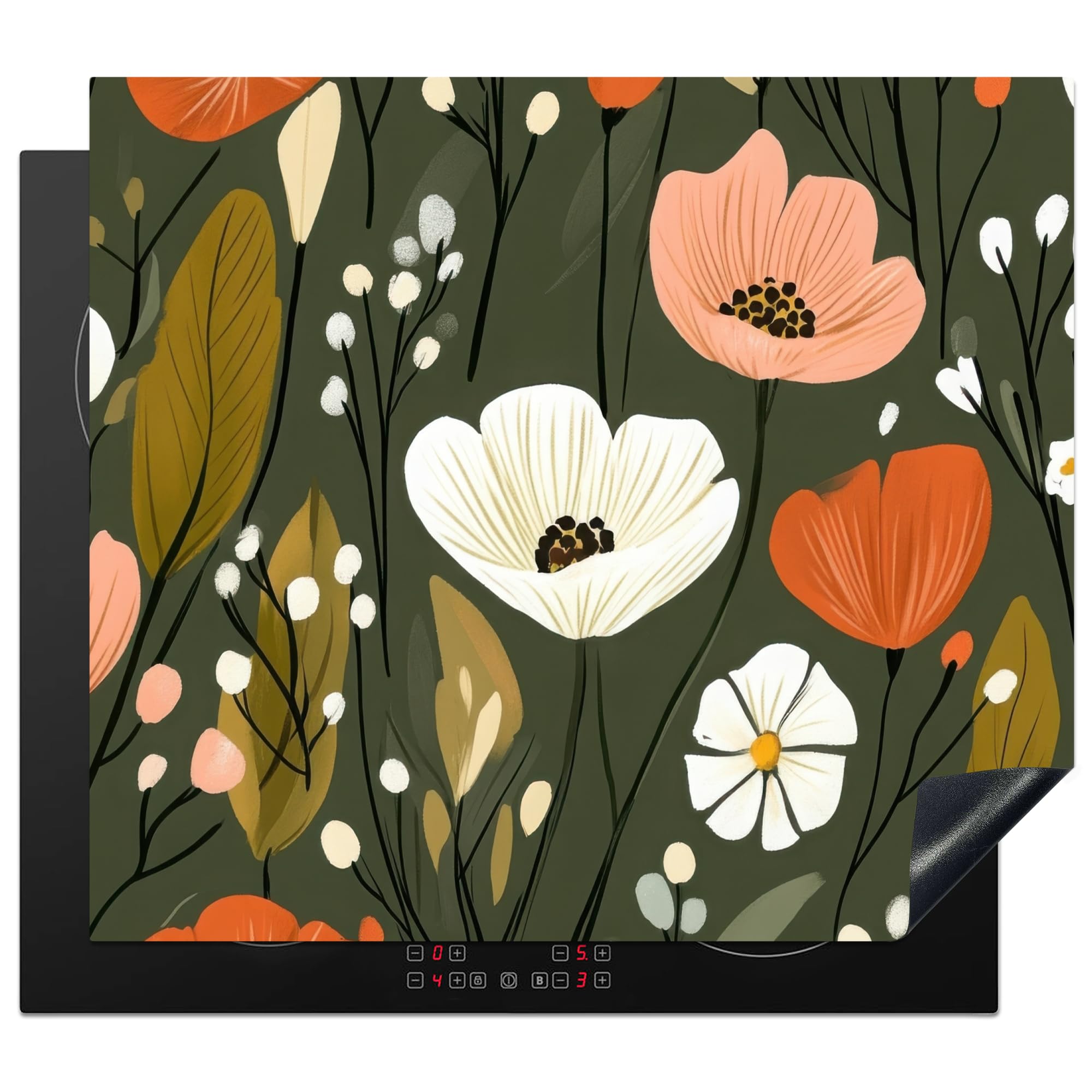KitchenYeah© Induction Hob Cover Protector Mat 20.2"x22.9" / 58.3x51.3 cm Kitchen Universal Ceramic Covers for Electric Cookers Vinyl Flowers - Illustration - Green