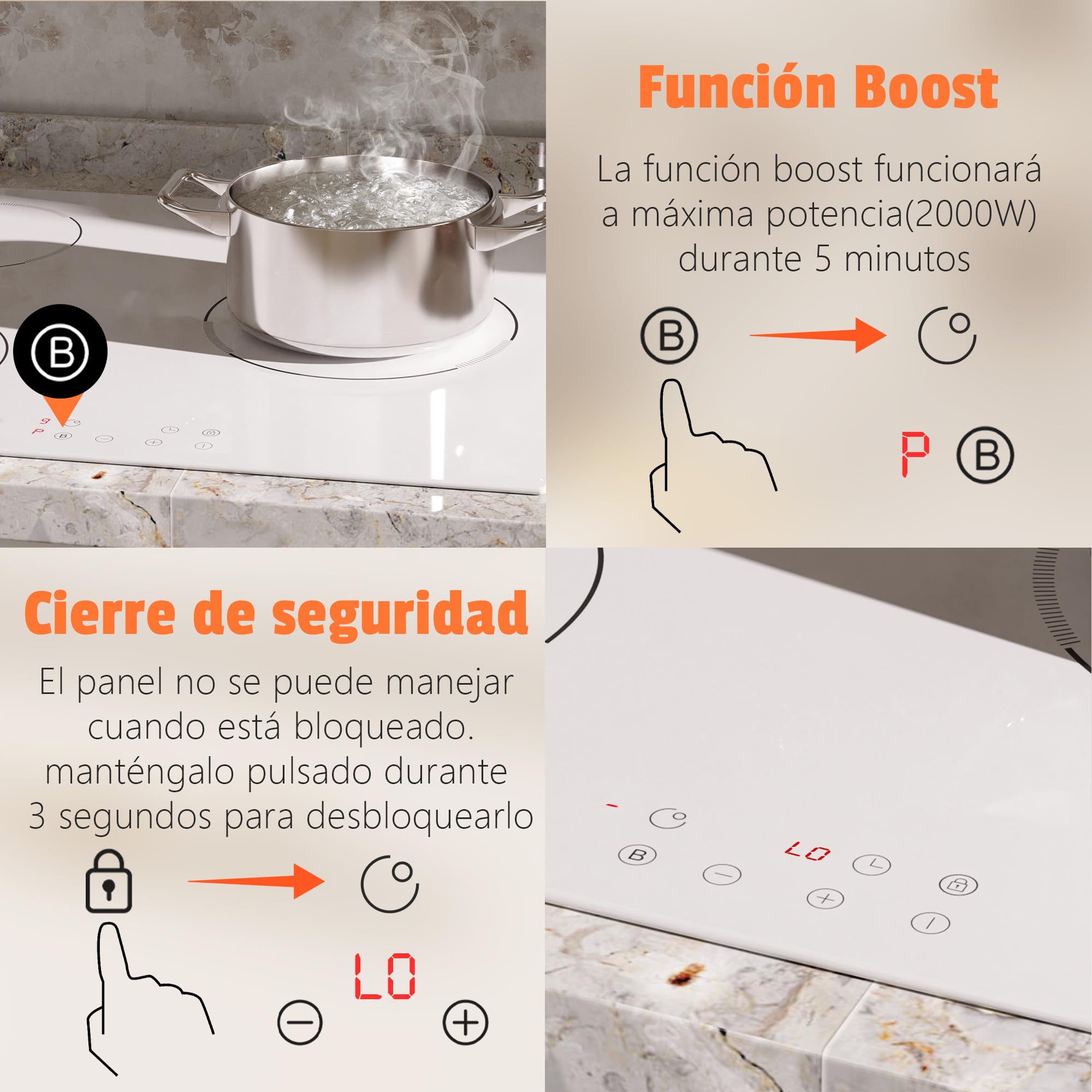60cm Placa Induccion Blanca 3 Fuegos con Boost, Enchufe, 3500W