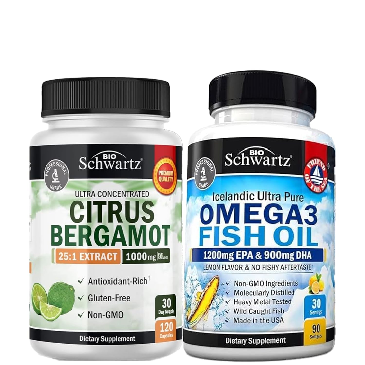 Triple Strength Omega 3 Fish Oil Softgels (1 Month Supply) Plus 1000mg Citrus Bergamot Supplement (1 Month Supply)