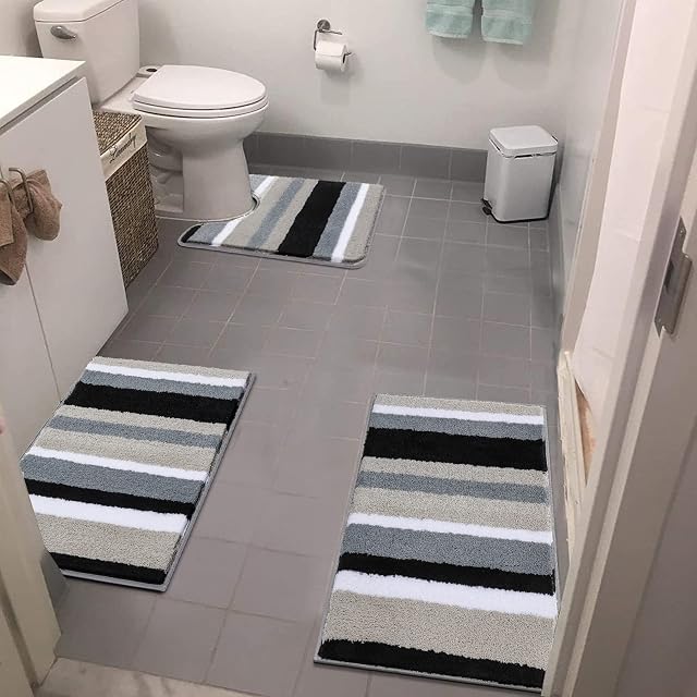 Pauwer Soft Bathroom Mat Sets 3 Piece Water Absorbent Bath Mats and Toilet Mat Sets Non Slip Machine Washable Bath Shower rugs, Black