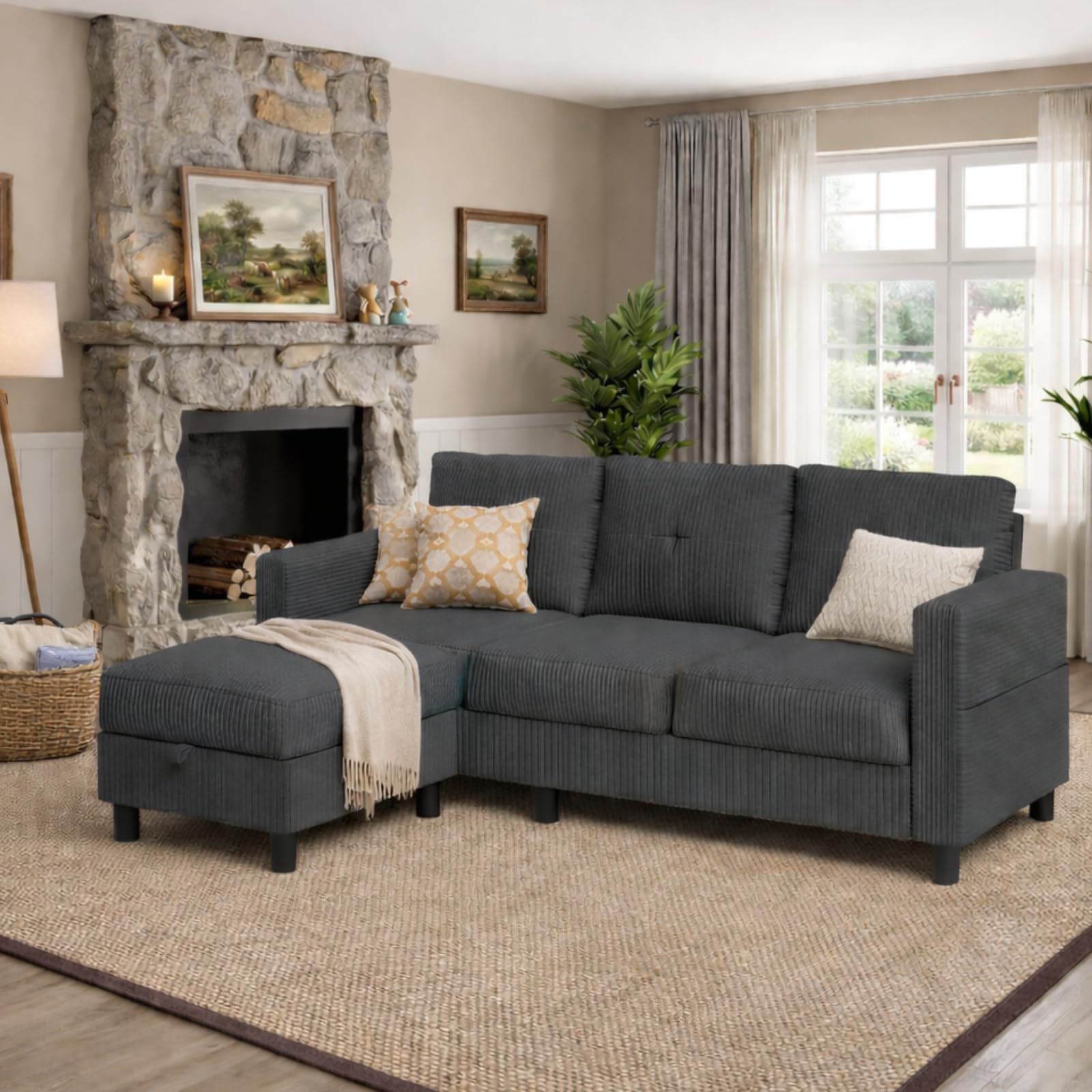 JAMFLY Convertible L-Shaped Sectional Sofa with Reversible Storage Ottoman, 3-Seat Couch with Side Pockets, Modern Compact Furniture for Small Apartments, Studios & Lofts, Grey