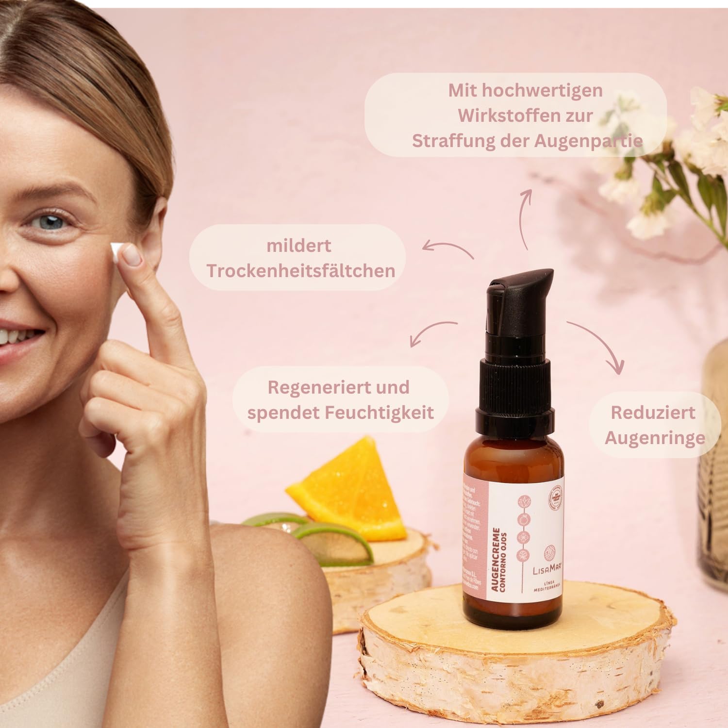 LisaMar® Naturkosmetik Set mit Gesichtscreme Anti Aging mit Hyaluron & mediterranen Ölen und Augencreme gegen Tränensäcke, Falten und Augenringe.