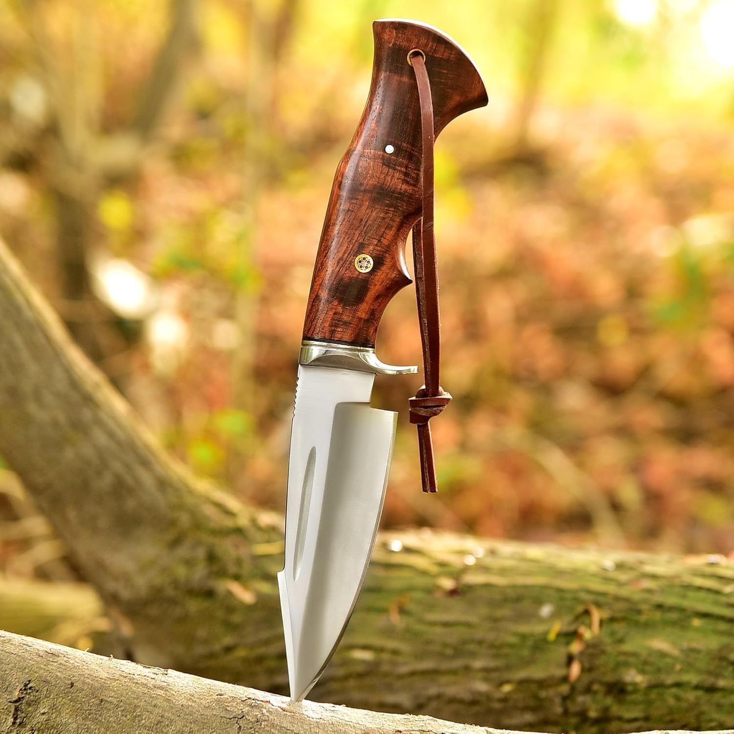 Handmade D2 Steel Hunting Knife with Leather Sheath – EDC Fixed Blade Bushcraft Tool with Wood Handle – 10” Skinning Blade for Hunting, Skinning, Camping, and Outdoor Use