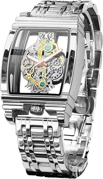 FORSINING Men's Luxury Hollow Skeleton Watch Retro Gorgeous Gear Carving Design Rectangle Tonneau Large Dial Leather Belt & Stainless Steel Band Quartz Wristwatch Not Mechanical Watches