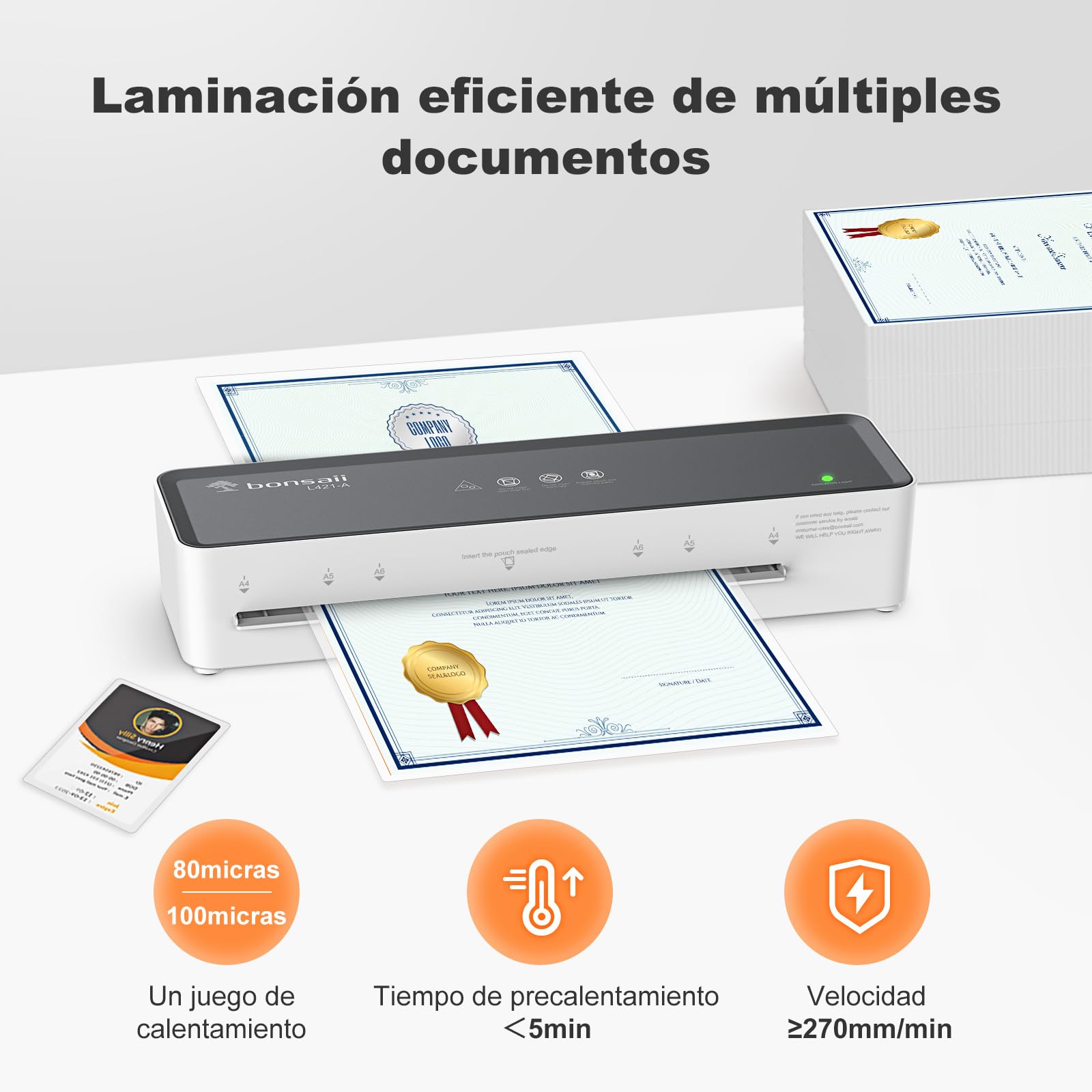 Bonsaii Plastificadora A4, Función ABS, Apto para Documentos A4, Oficina y Hogar, 80-100 Micrones, Incluye 10 Hojas de Laminado a4, L421-A
